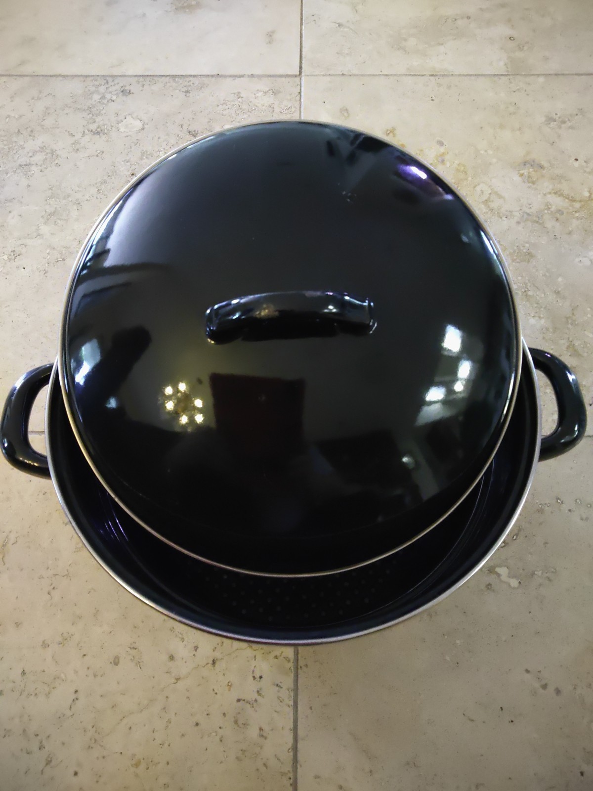 Black Stock Pot Colander Insert Double Handle With Lid