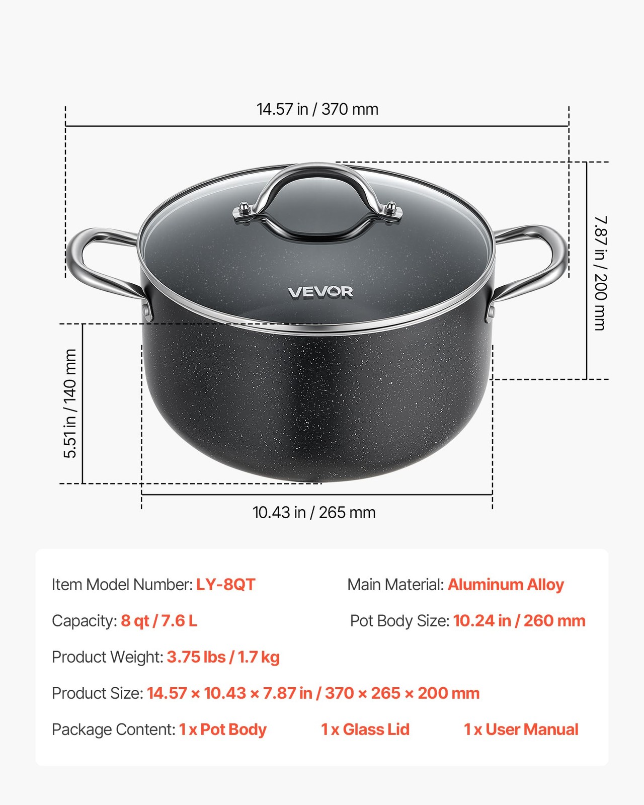 Vevor Aluminum Stock Pot 8-Quart Nonstick Ceramic Coated Pot Glass Lid