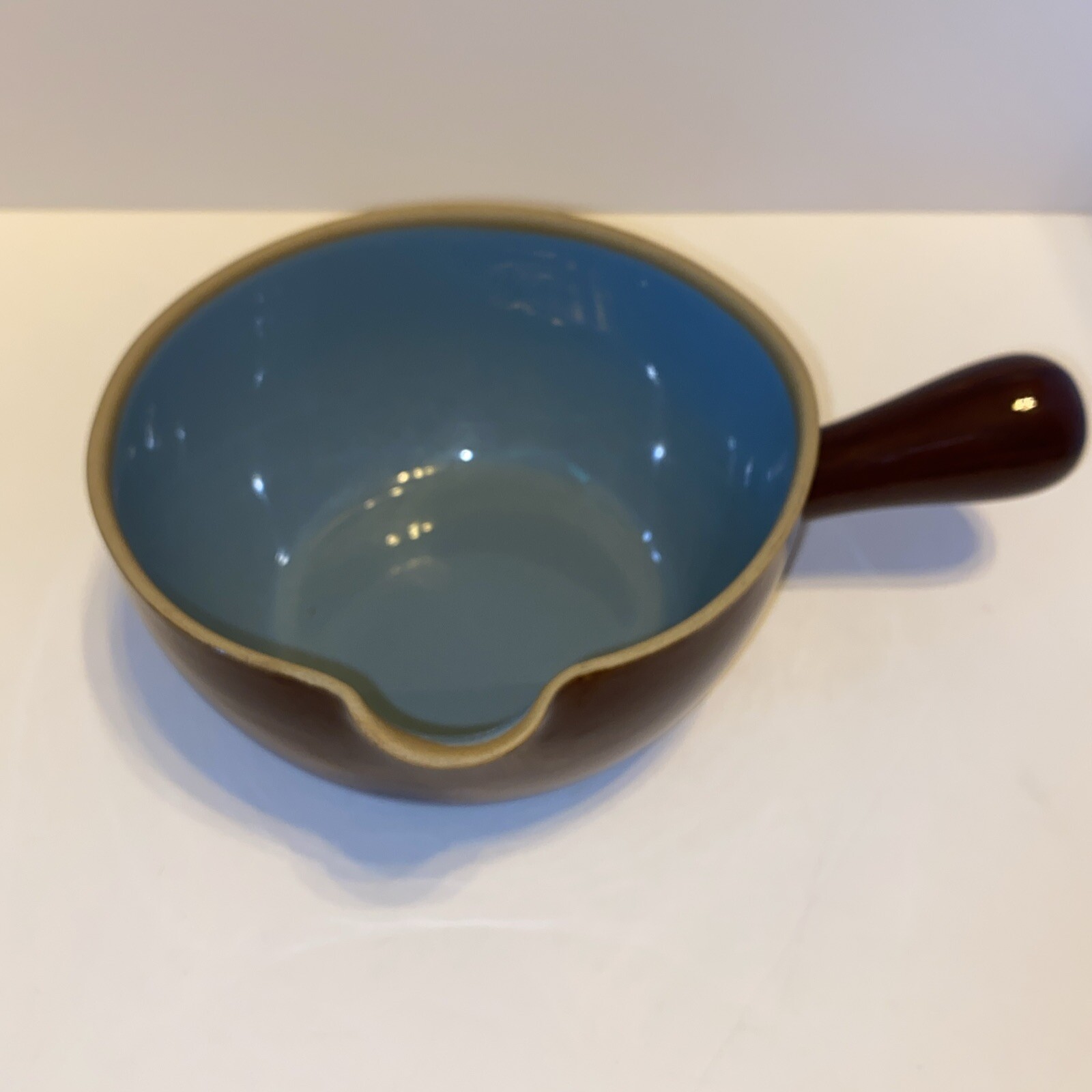 DENBY Stoneware Cooking Sauce Gravy Pot Pan Sky Blue & Brown Spout Handle 2 Pt