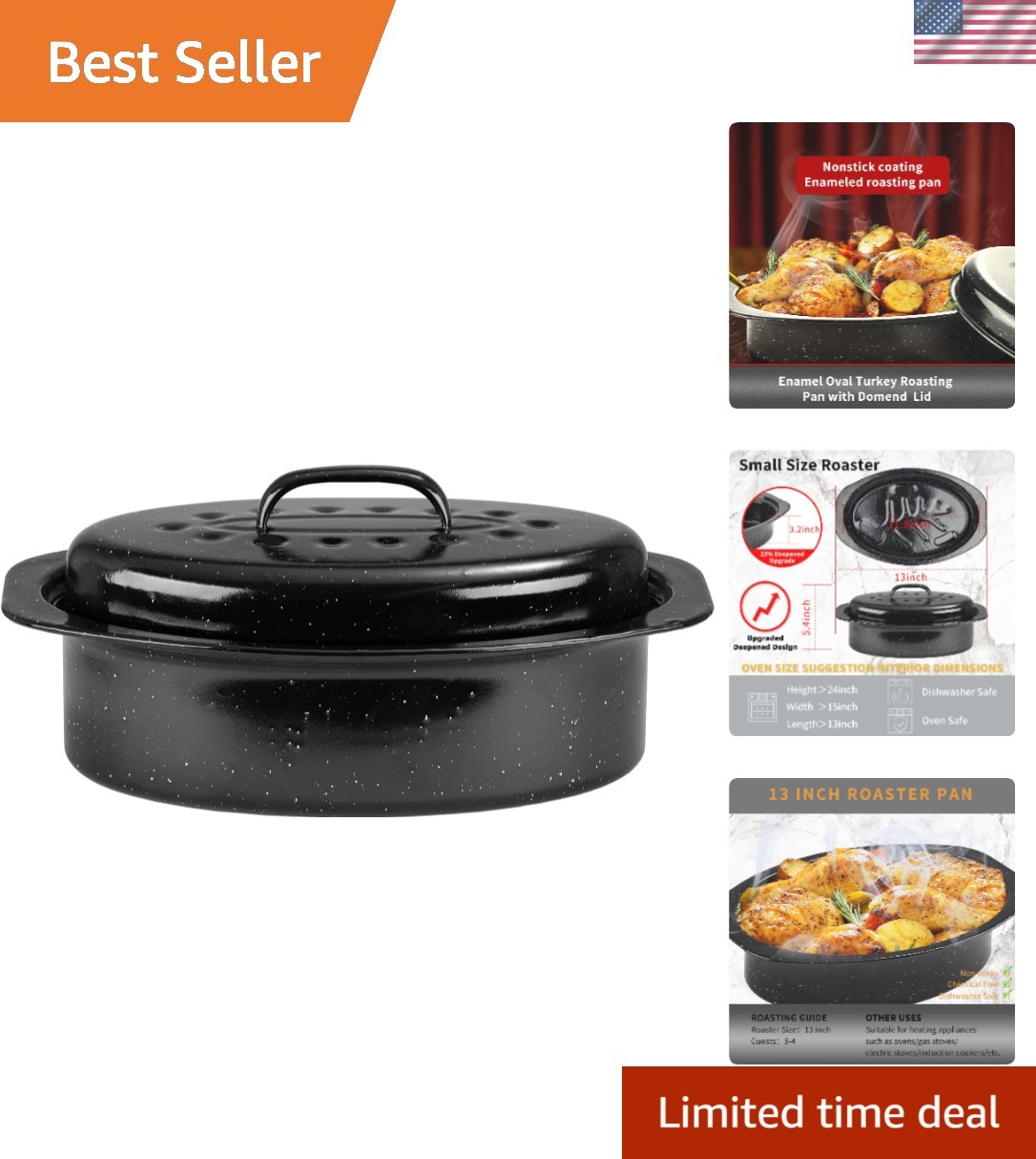 Dishwasher Safe 13″ Enameled Roasting Pan – Ideal for 4-5 Lb Turkey & Chicken