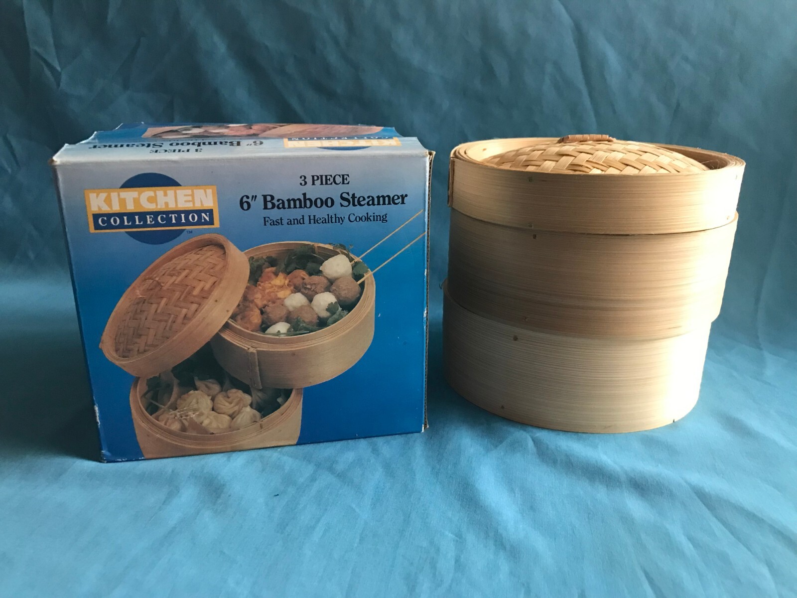 3-Piece Kitchen Collection Stackable 6” Bamboo Steamer, Comes w/ 2 Trays & 1 Lid