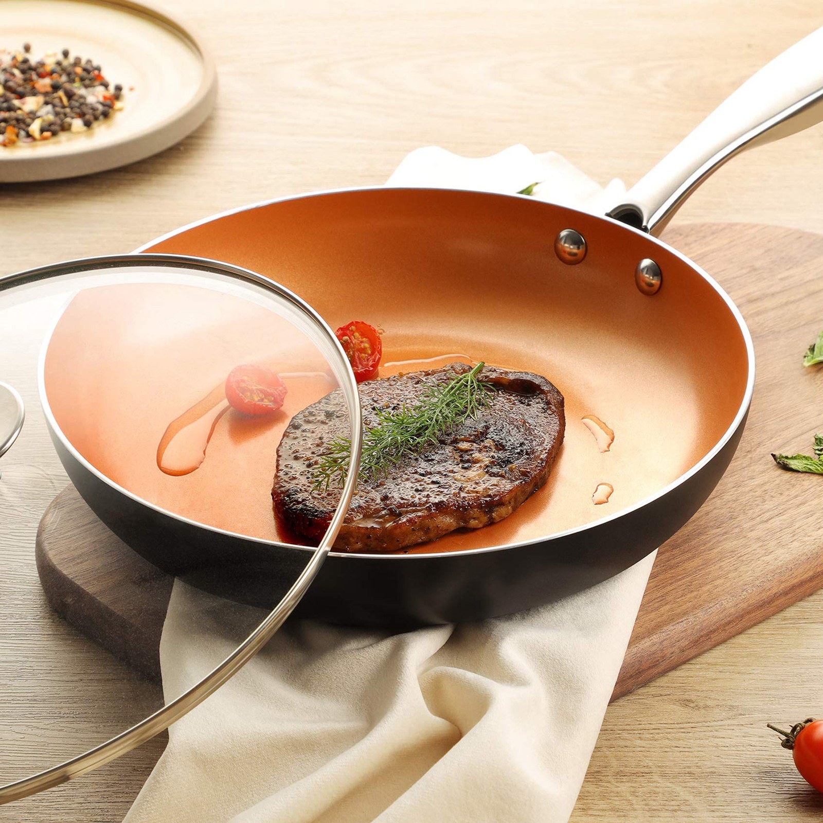 10 Inch Copper Nonstick Frying Pan with Lid, Scratch Resistant Ceramic Coating,