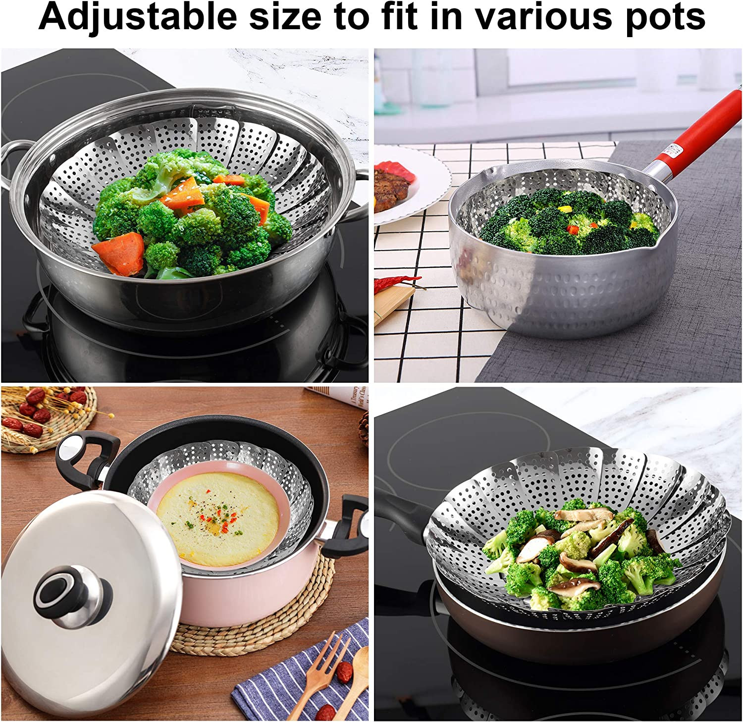 Stainless Steel Vegetable Steamer Basket Adjustable Kitchen (Small (5″ to 9″))