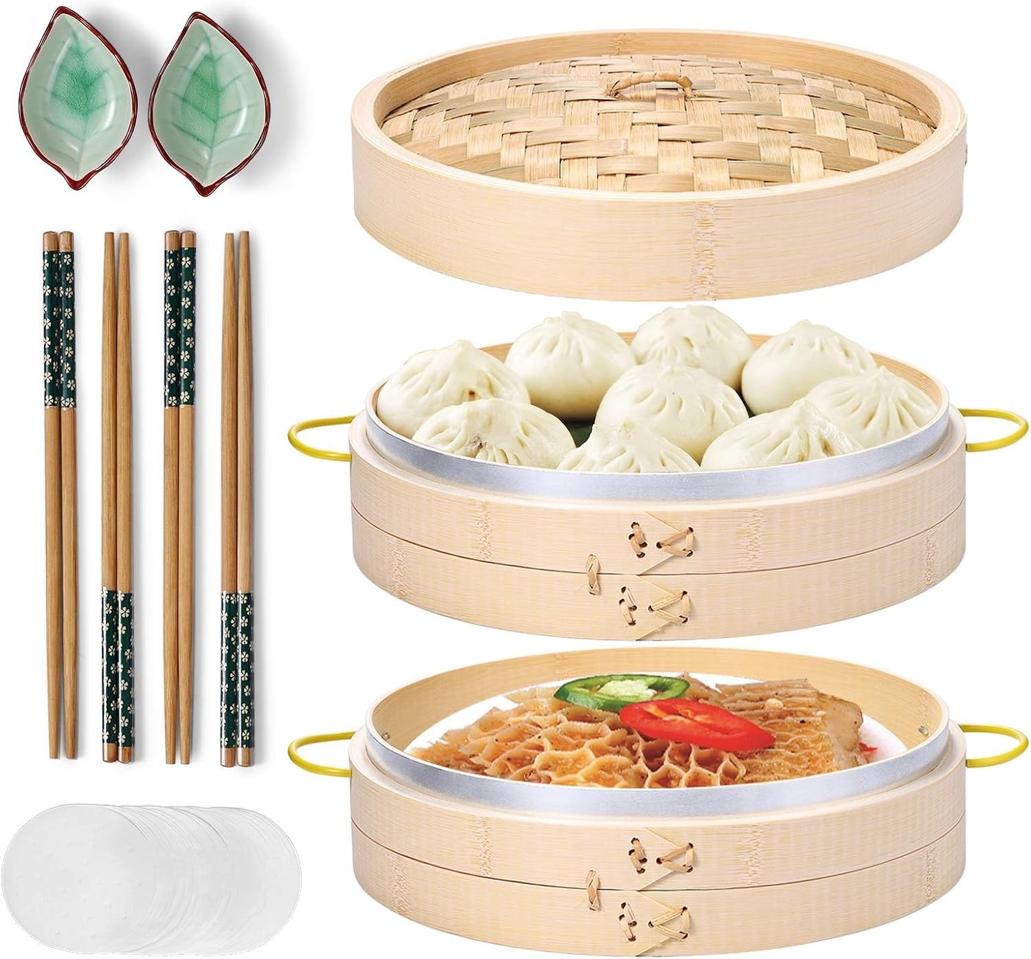 Bamboo Steamer Basket Set 10 inch Steamer for Cooking, with Side Handles Chop…