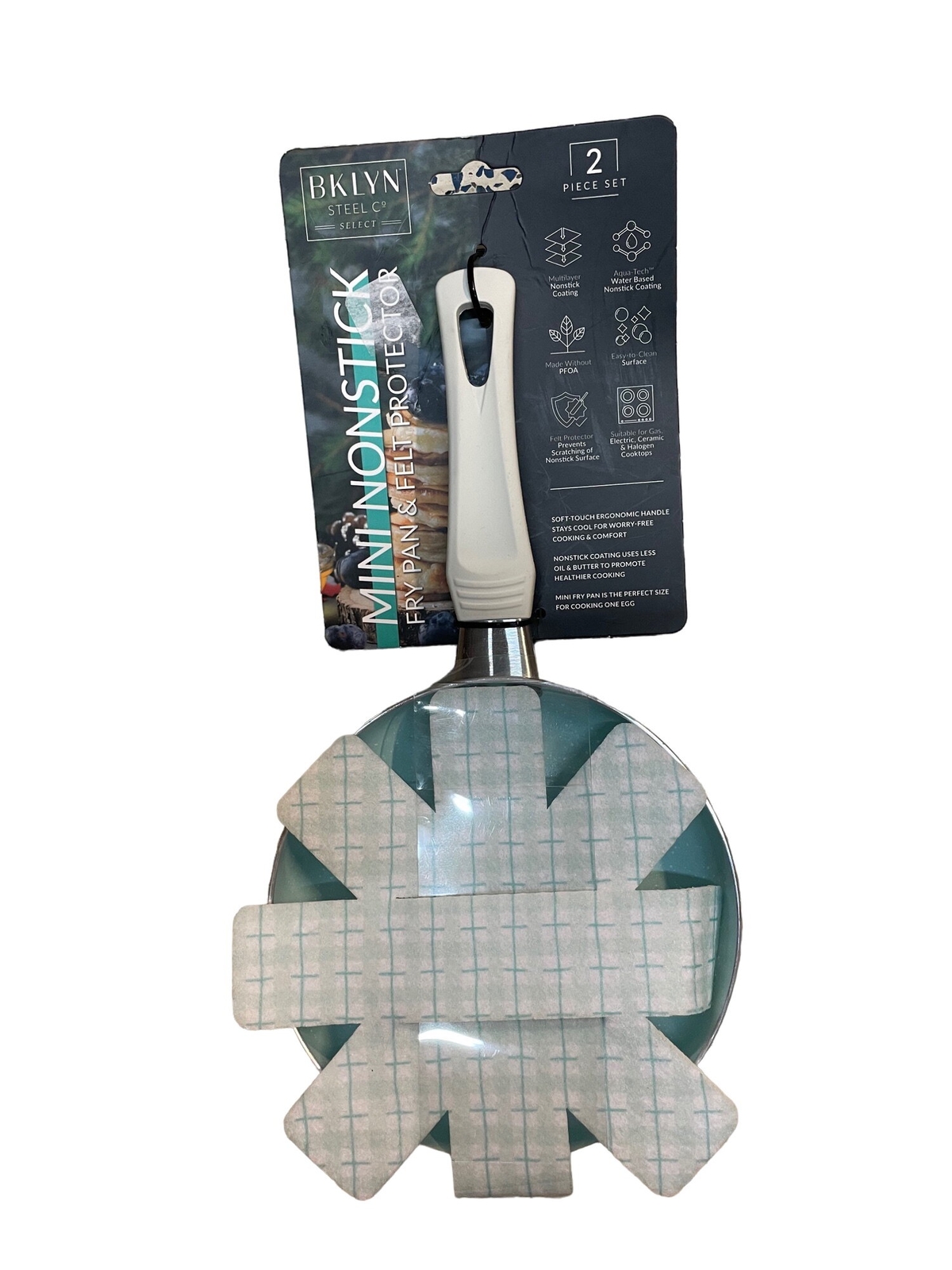 Brooklyn Steel Co 2 Pc Set Mini Frying Black Pan Protector Pad Light Blue NEW