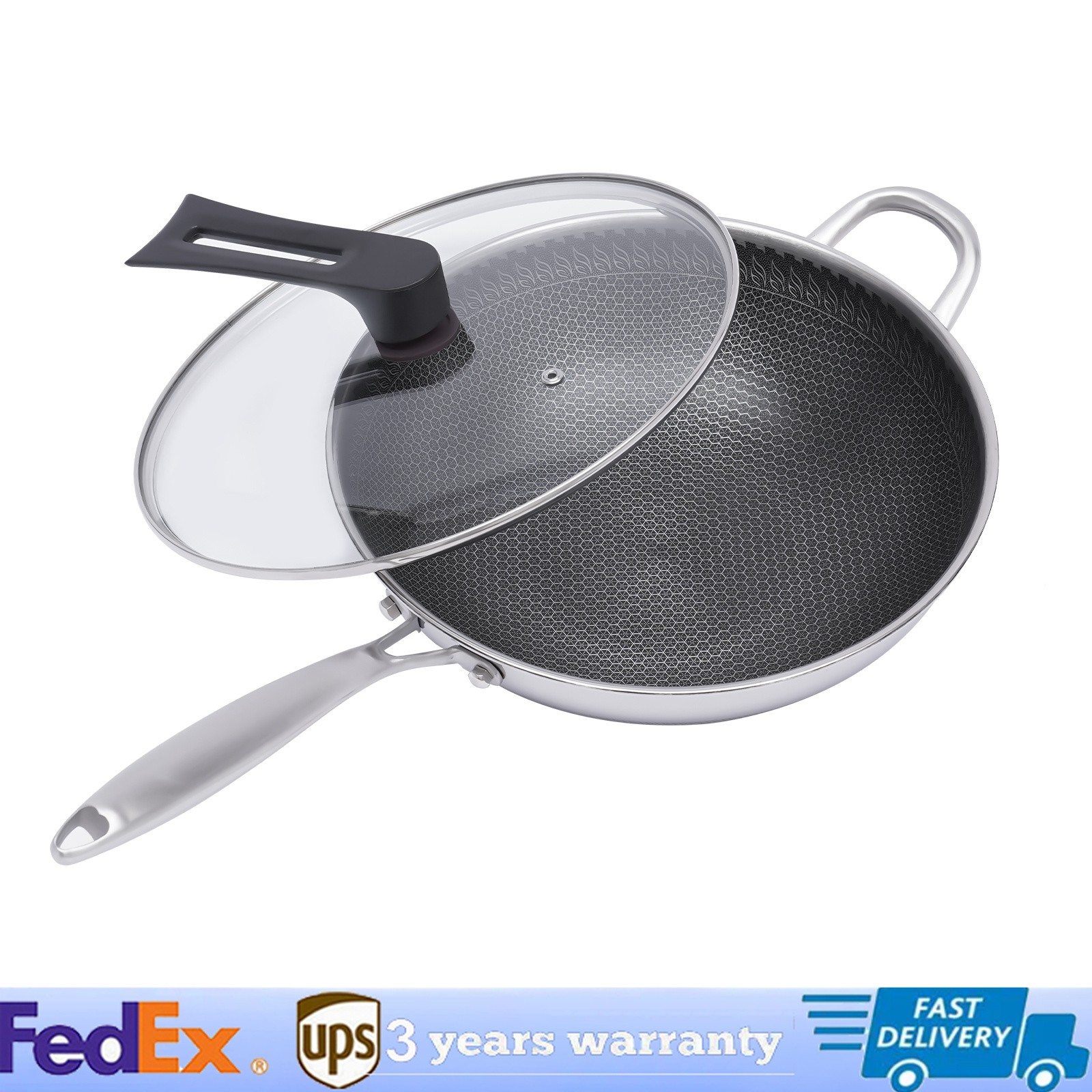 Non Stick Double Sided Honeycomb Cooking Frying Wok Pan with Lid Stainless Steel
