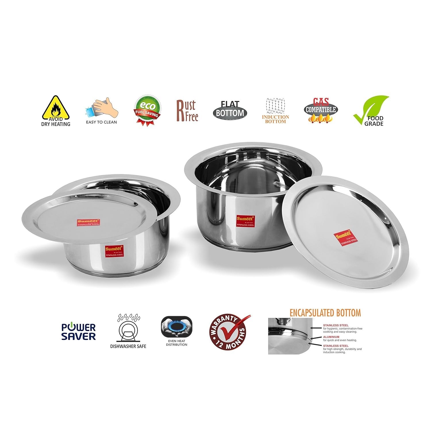Sumeet Stainless Steel Cookware Set with Lid Dish with Lid Utensils Set Of 2