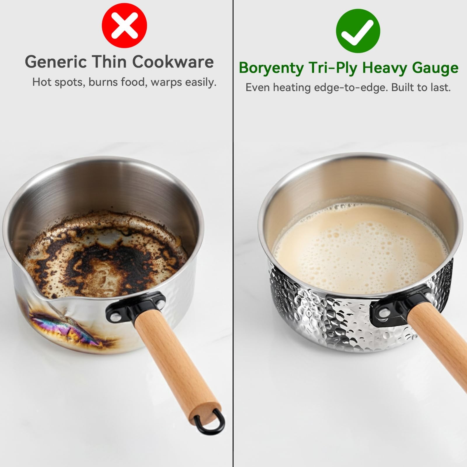 1.8 Quart TriPly Stainless Steel Saucepan With Lid Hammered Wood Handle Milk