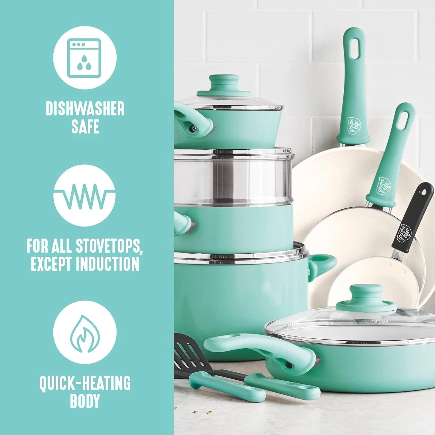 Soft Grip 16-Piece Turquoise Ceramic Cookware Set, Oven & Dishwasher Safe