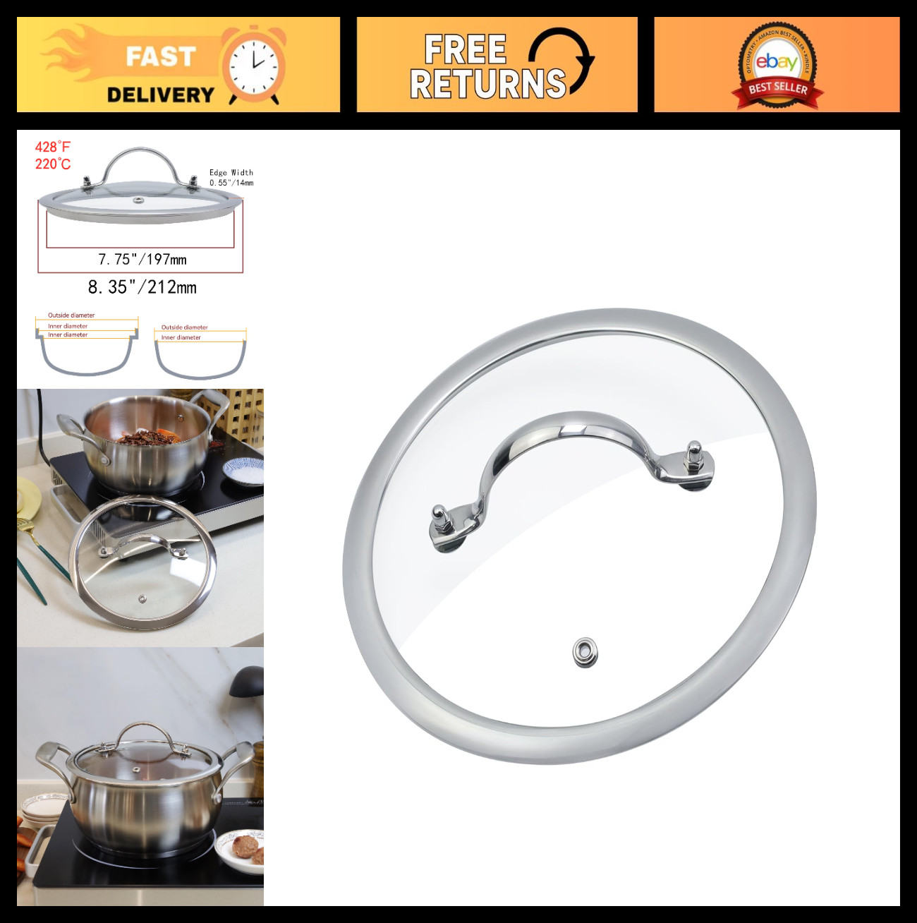 8″ Clear Glass Frying Pan Lid Replacement Cover, 428°F Heat Resistant, Stainless