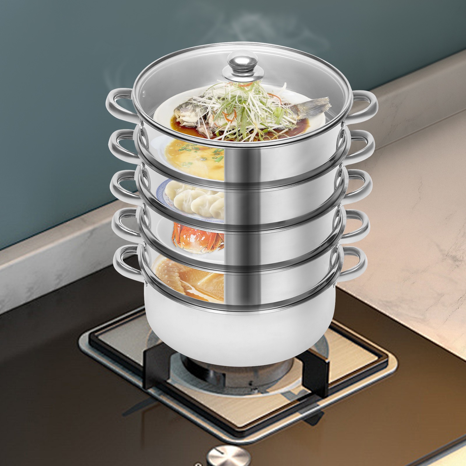 5-Tier Dumpling Steamer Stainless Steel Steamer Pot With Lid Steaming Basket
