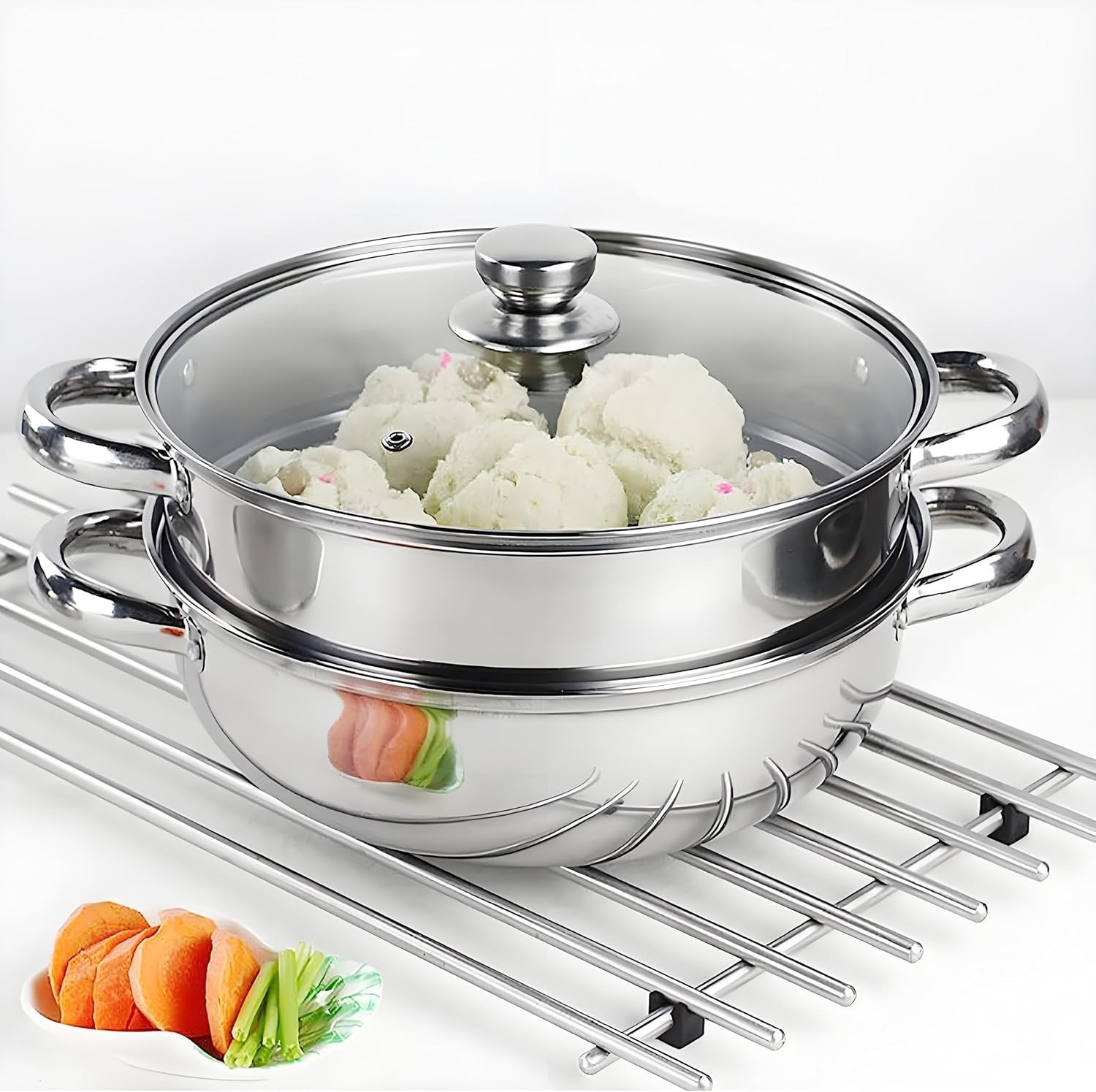 2-Tier 28cm 304 Stainless Steel Steamer Pot with Glass Lid,for Dumplings, Sea…