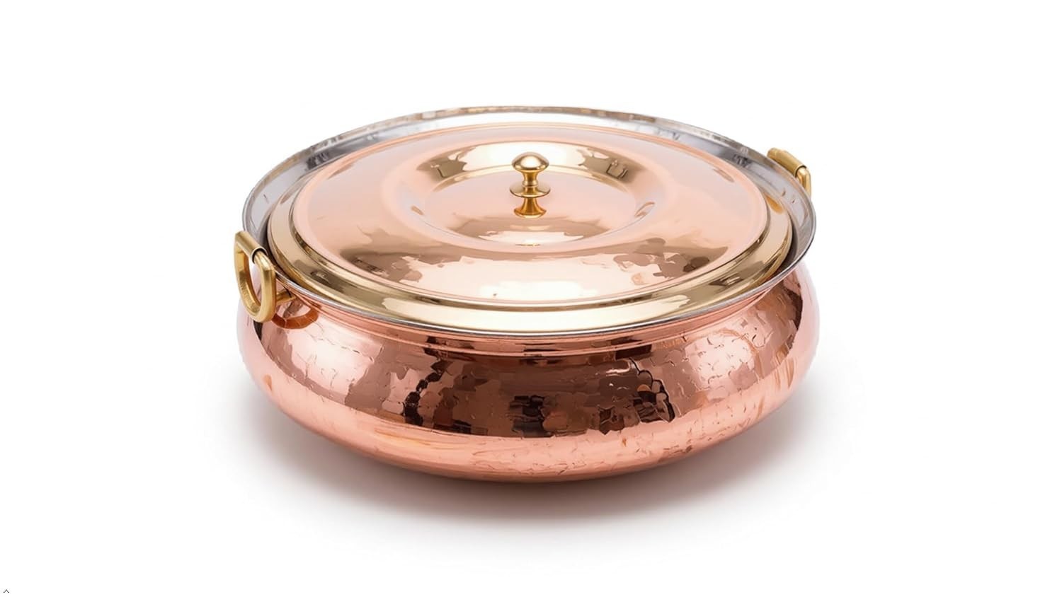 Copper Hammered Biryani Handi with Brass Lid, Tin-Coated Cooking Pot, 4 Liters