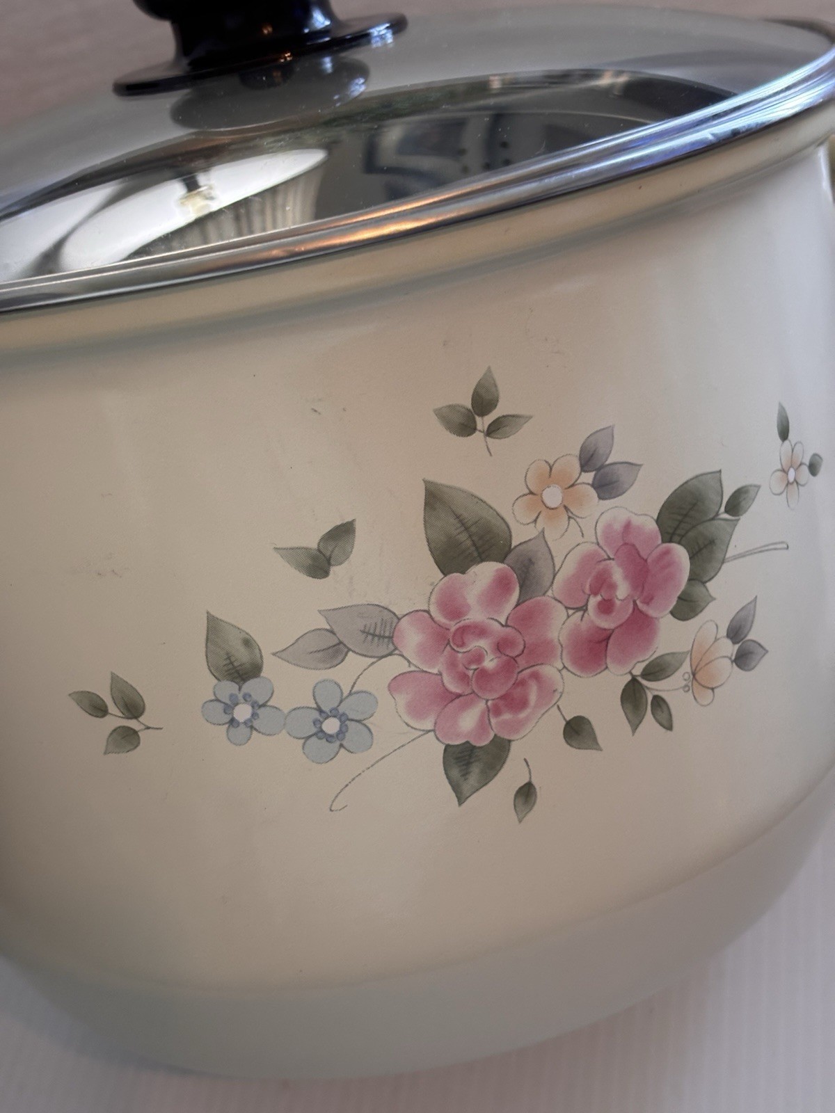 Vintage Pfaltzgraff Tea Rose Enameled 8 Qt Stock Pot with Steamer Insert Basket