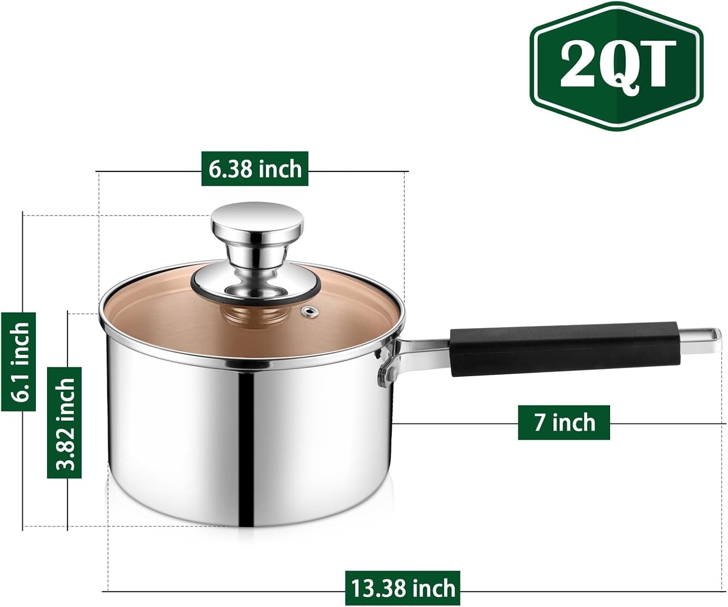 Saucepan with Lid, 2 Qt Sauce Cooking Pot Milk Pan Stainless Steel, Professional