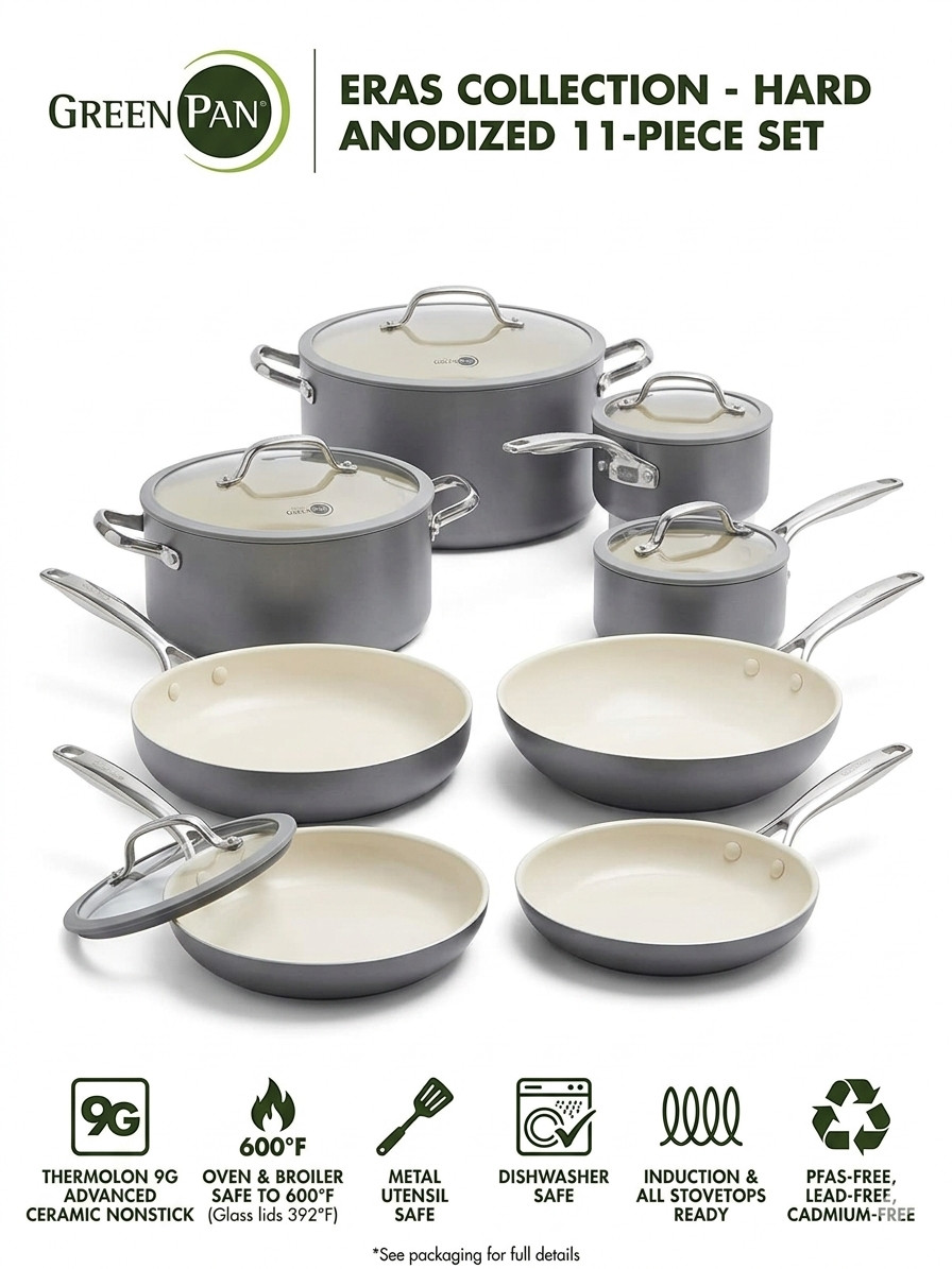 GreenPan Eras 11-Piece Healthy Ceramic Nonstick Cookware Set Hard Anodized Gray