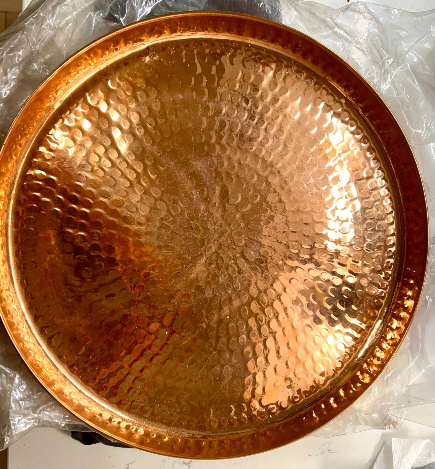 Pure Copper Hand-Hammered Round Serving Platter / Tray – Handmade – Heavy – New