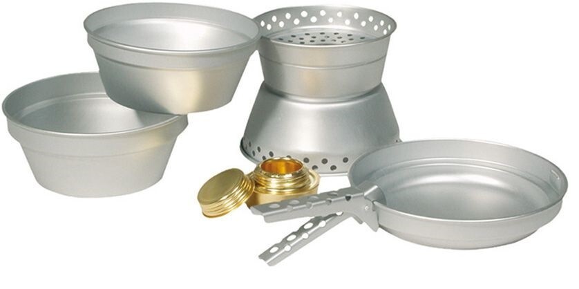Mil-Tec Aluminum Cook Set Alcohol Stove Windscreen Frying Pan Gripper 2 Bowls