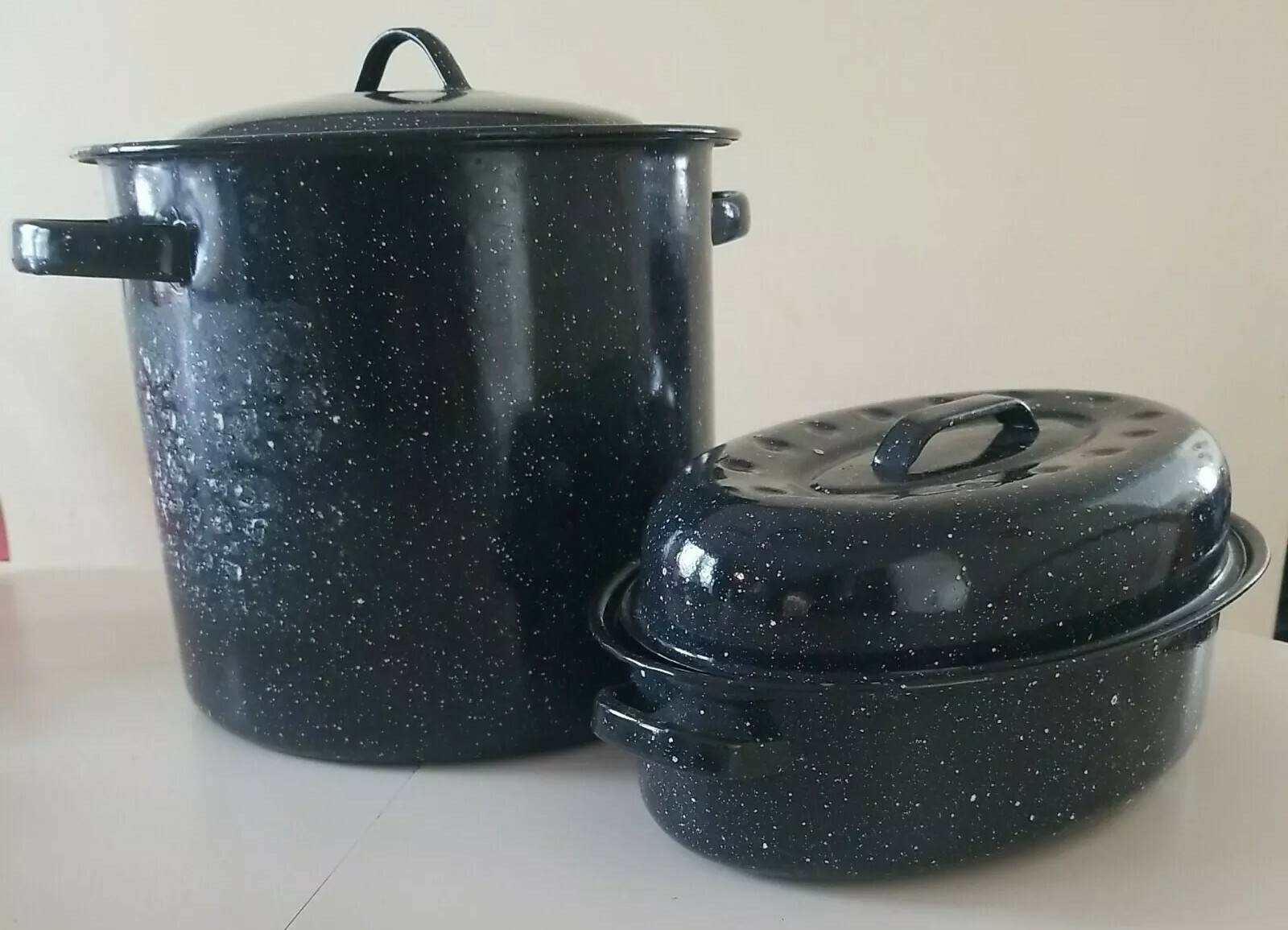 Black Granite Covered Oval Roaster, 13 inches & Large 10 QT Pot (L63)