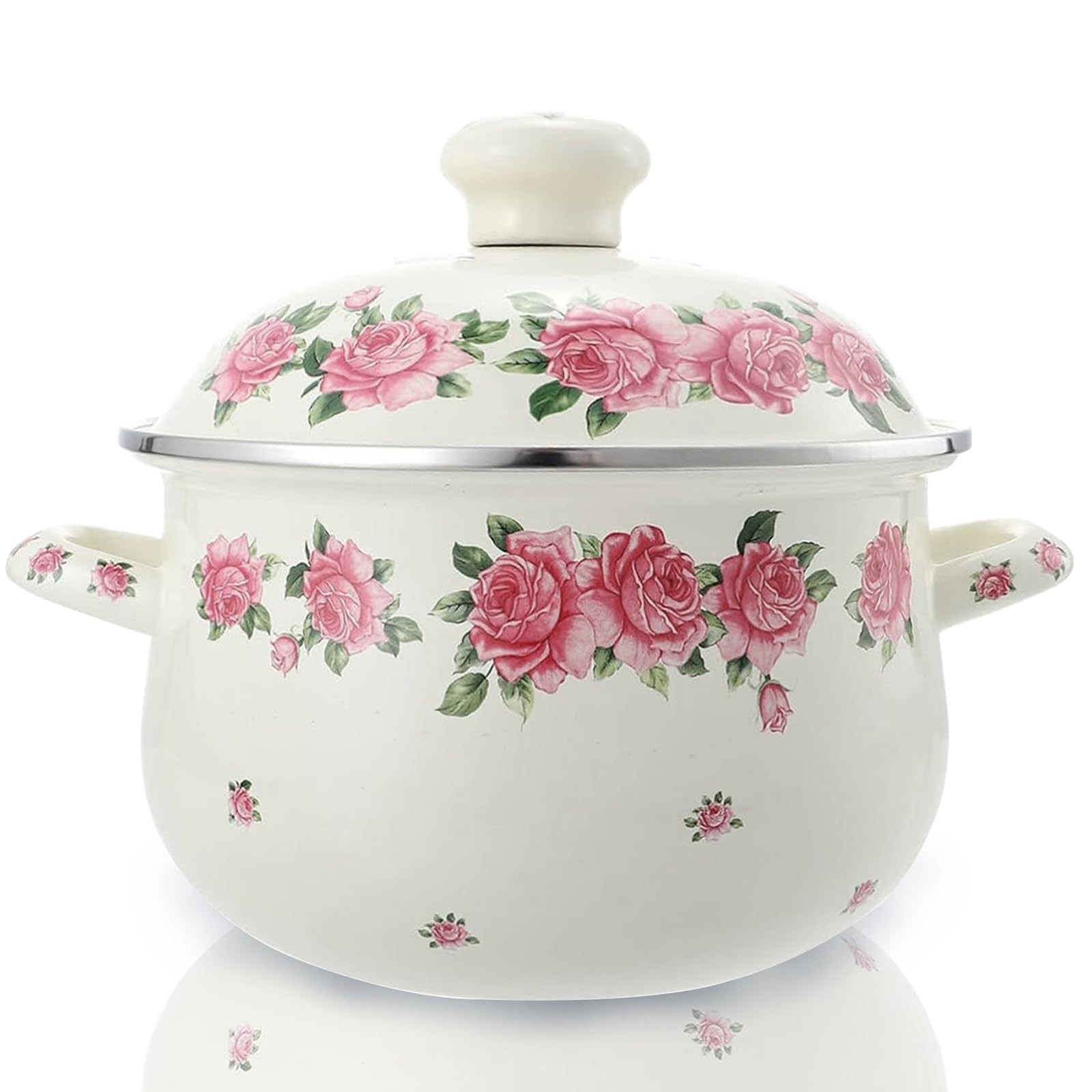 Retro Flower Enamel Stockpot with Lid,Stockpots for Cooking Pink -5QT