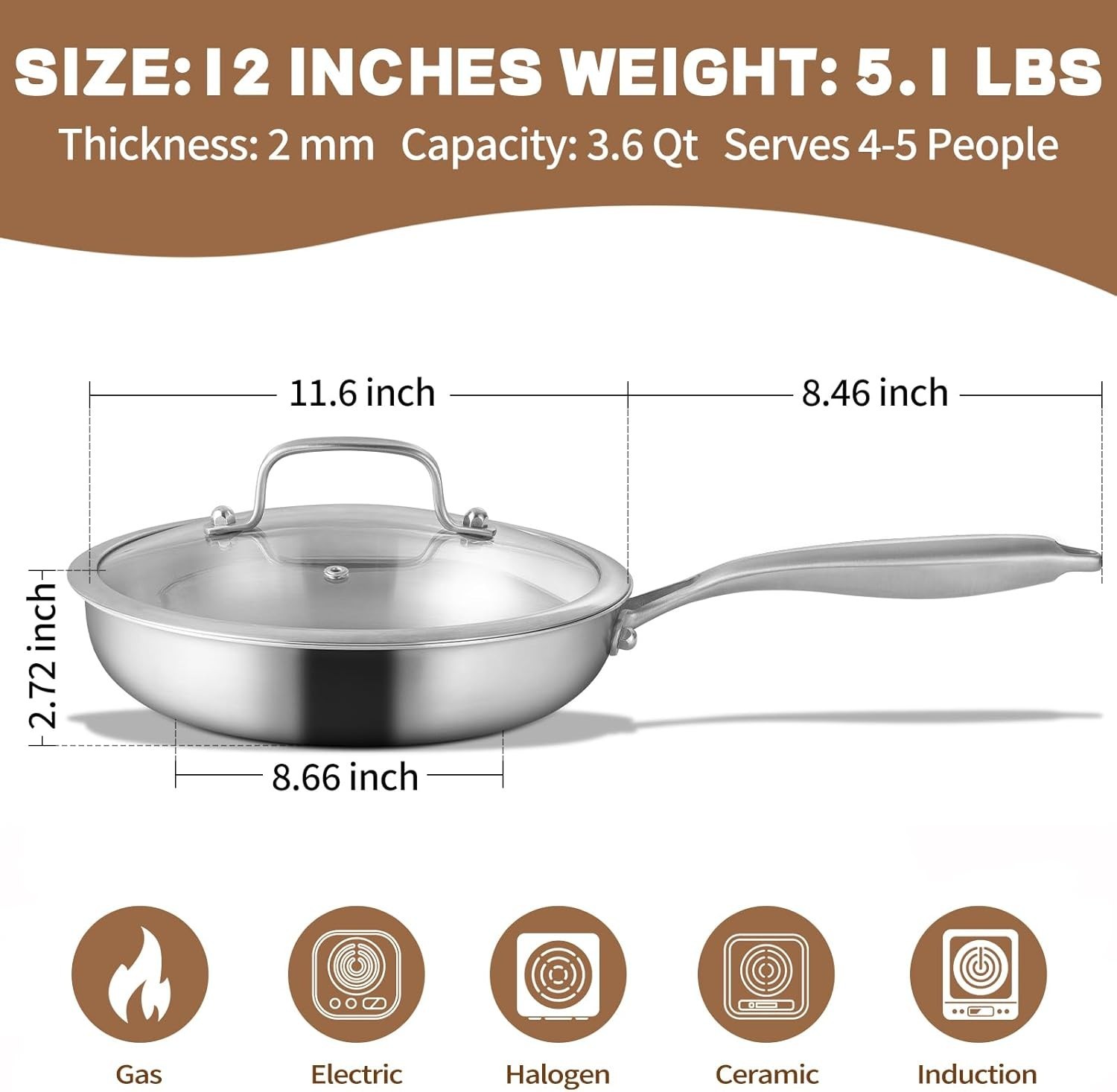 12 inch Tri-Ply Stainless Steel Frying Pan with LID,PFOA&PTFE Free Skillets,C…