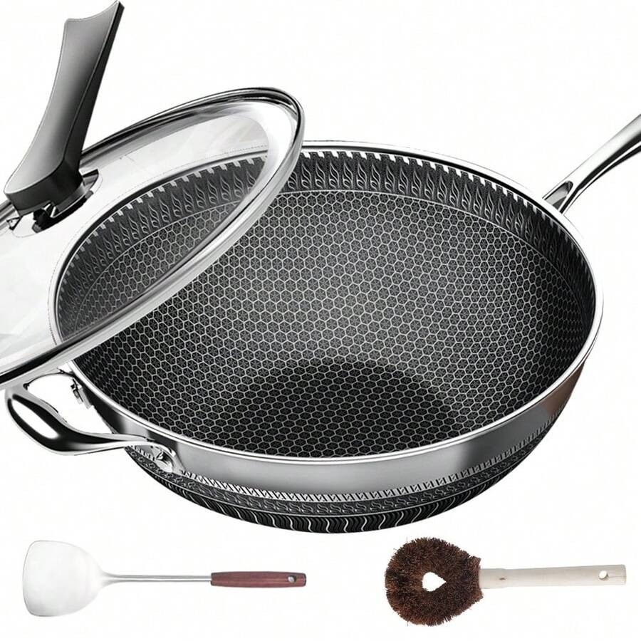 TIROTO 13.3″ 304 Stainless Steel Wok Pan with Lid & Accessories