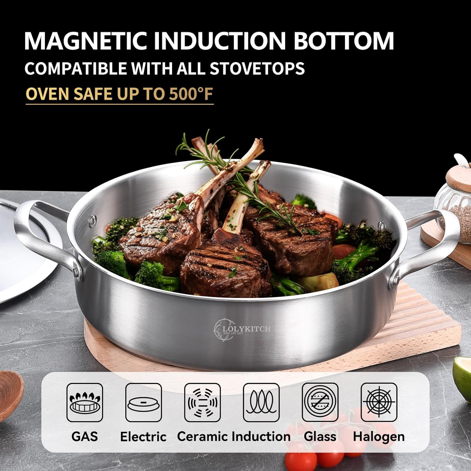 LOLYKITCH 7 Quarts Tri-Ply Stainless Steel Sauté Pan with Lid,12 7 QT, Silver