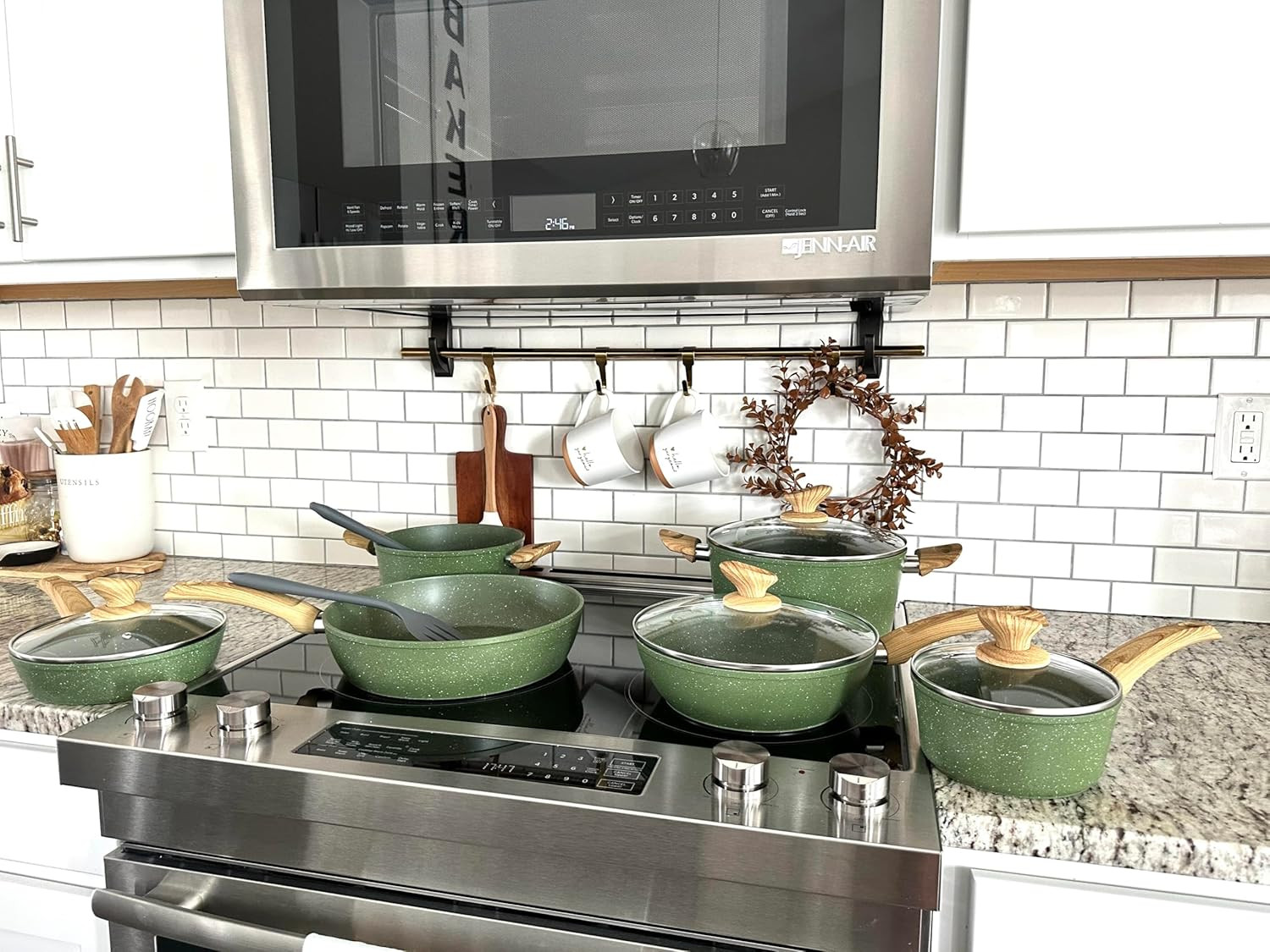 Pots and Pans Set Non Stick, 12 Piece Green Granite Kitchen Cookware Induction C