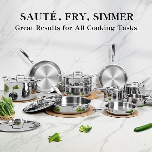 Stainless Steel Cookware Set, 3 Ply 17 Piece Stainless Steel Pot and Pan Set, Ov