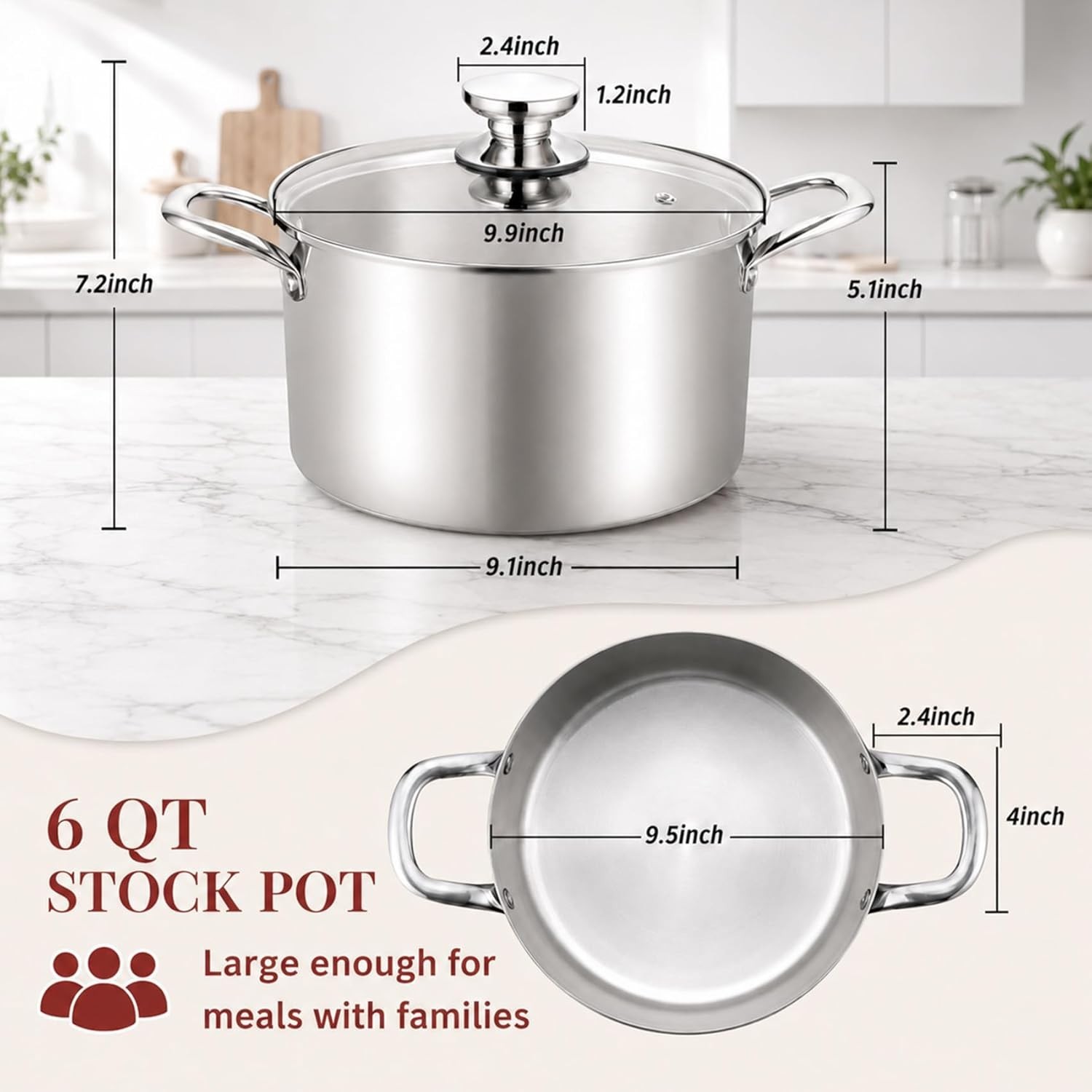 6 Quart Stock Pot, Stainless Steel Tri-Ply Cooking Pasta Pot with Tempered Gl…
