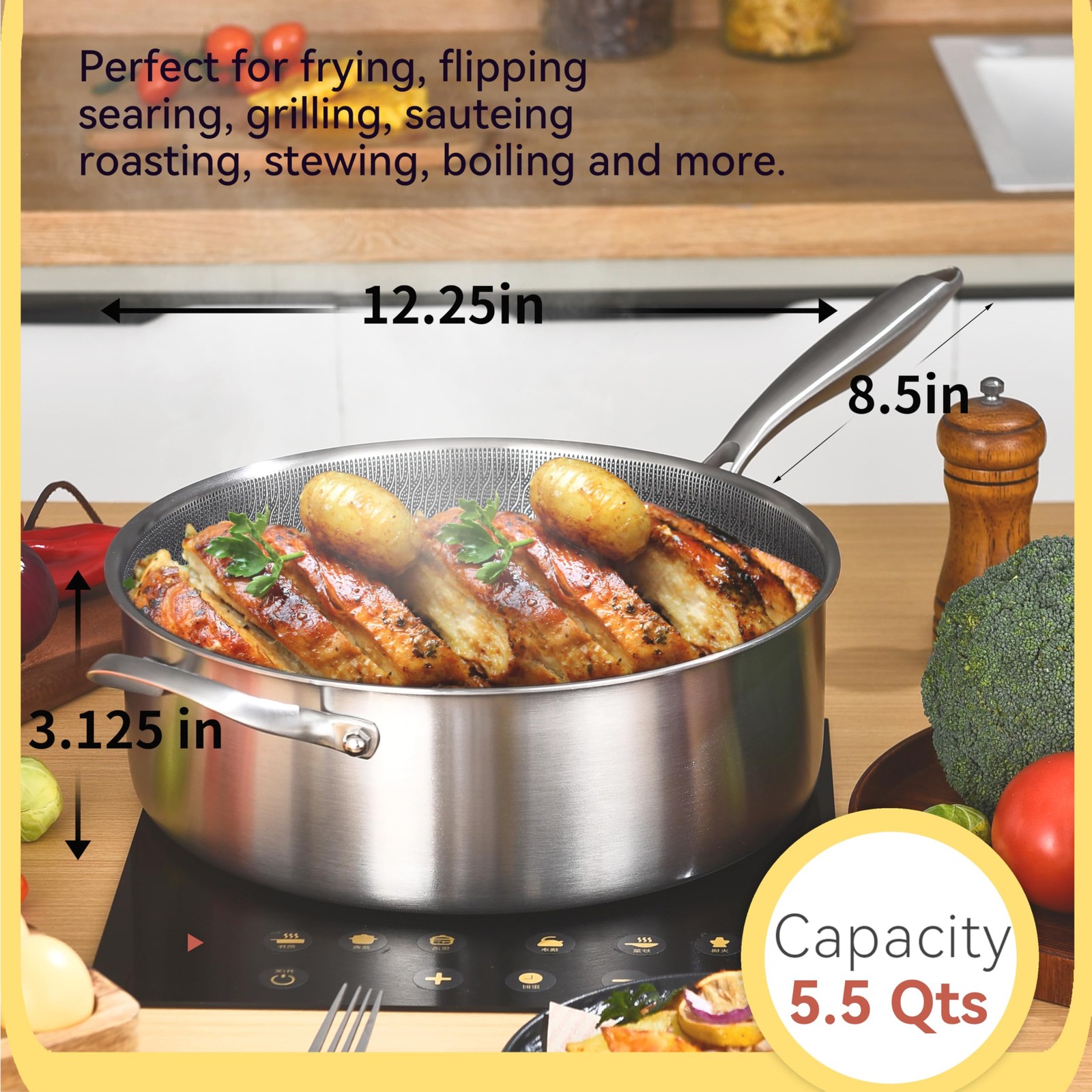 6 Quarts Hybrid Non Stick Tri-Ply Stainless Steel Sauté Pan with Lid,12 Inch …