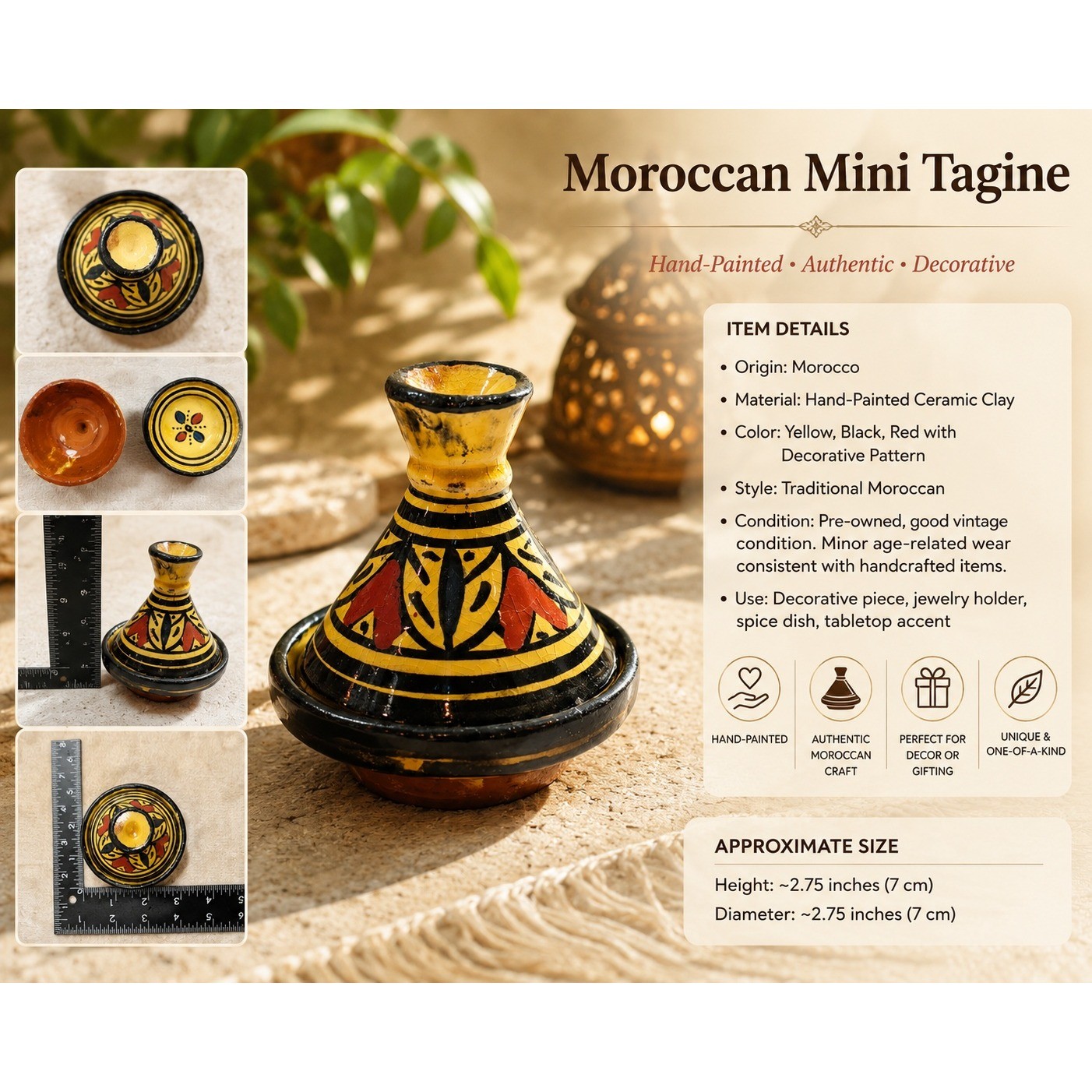 Mini Moroccan Hand Painted Ceramic Tagine Pot Salt Cellar Spice Dish Yellow Red