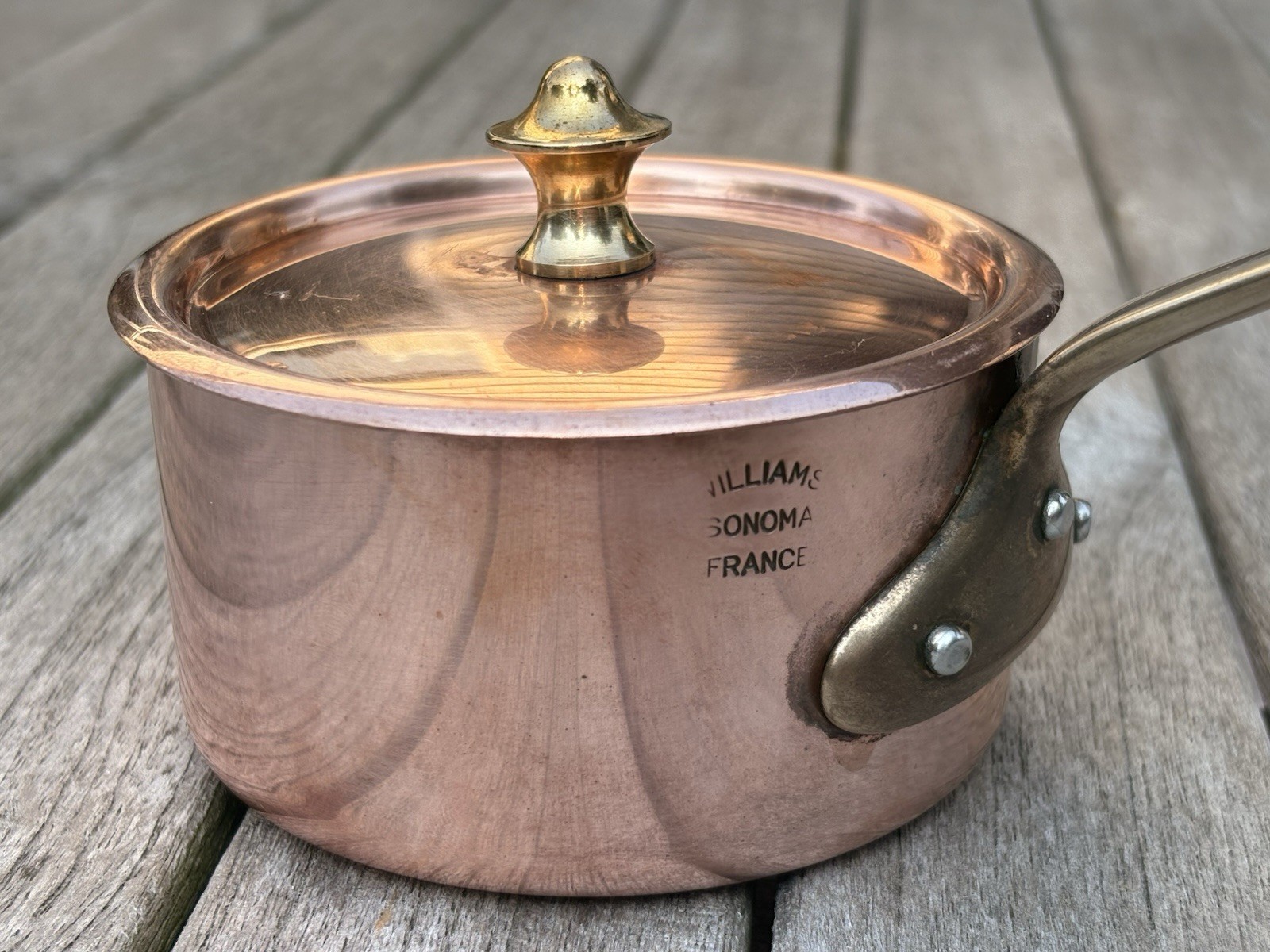 French Copper Saucepan Mauviel Brass Handle Lid Vintage 4″ Williams Sonoma