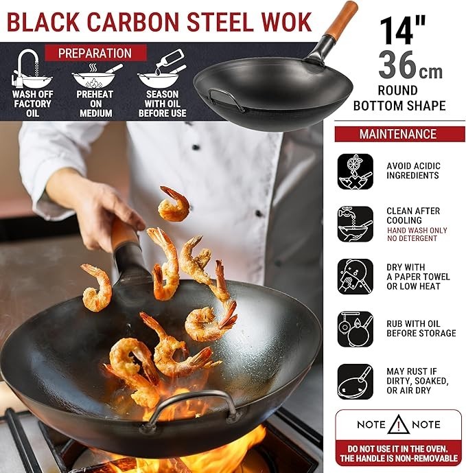 YOSUKATA 14″ Black Carbon Steel Wok with Round Bottom Pre-Seasoned Nwt