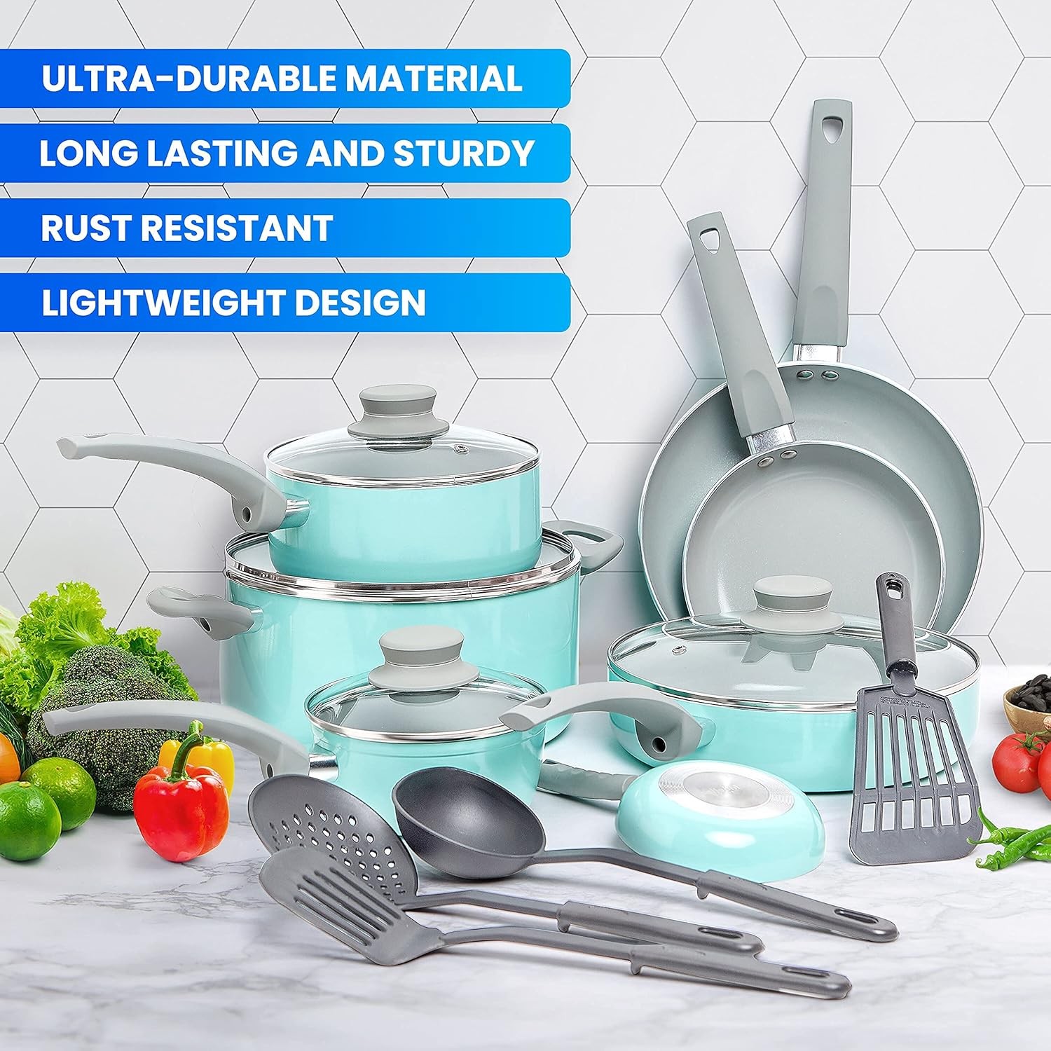16Pc Non-Stick Stone Cookware Set w/ Steamer & Glass Lids Turquoise