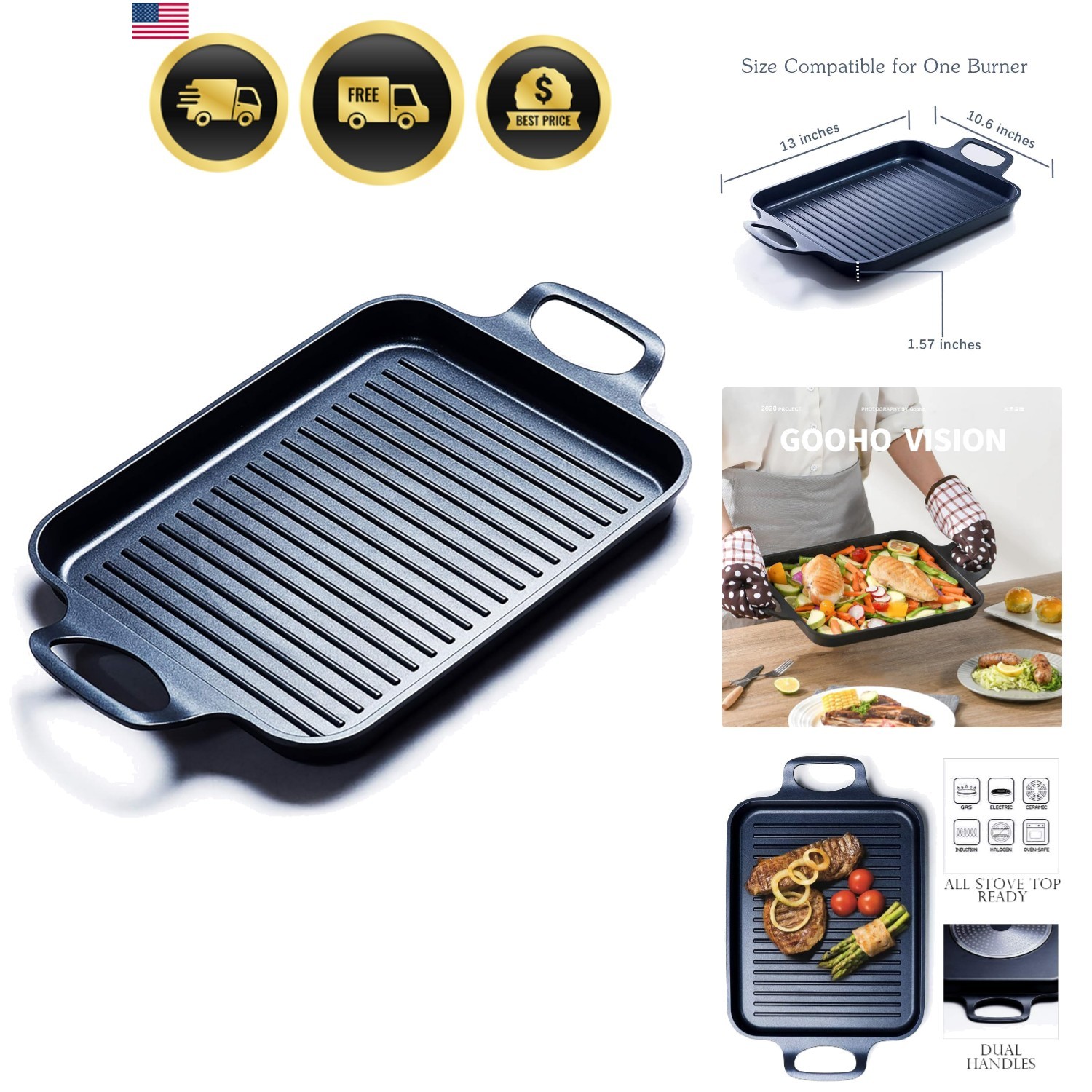 Nonstick Grill Pan for Indoor Cooking Flat Grill Plate for Electric Stoves