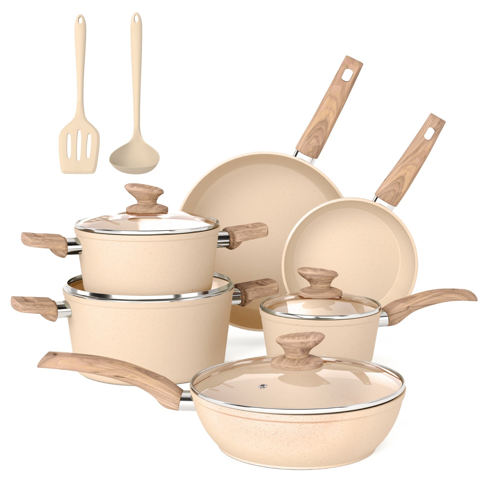 12 Pieces Pots & Pans Set Kitchen Nonstick Cookware Set Granite Coated with Lids