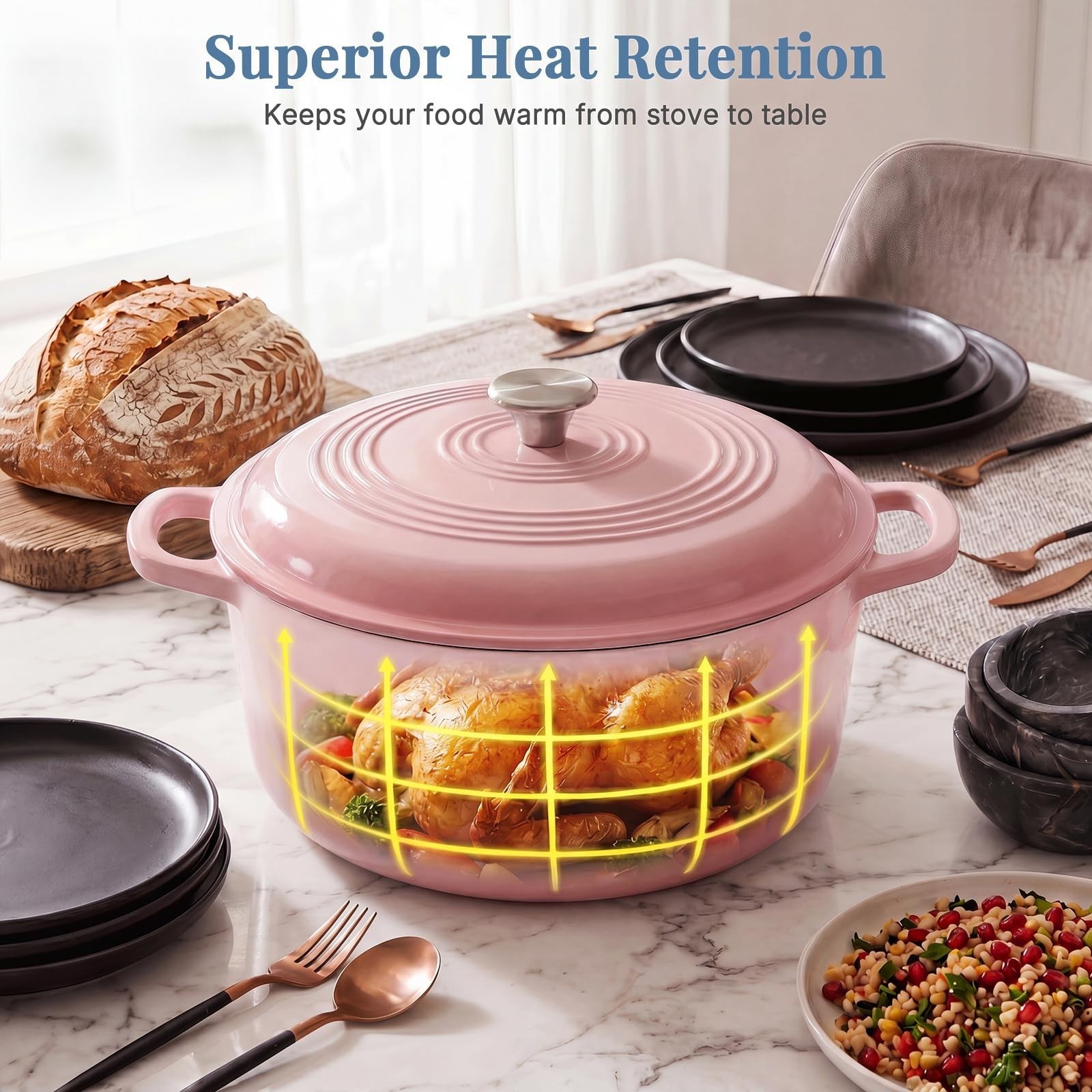 DUMOS 6 Qt Cast Iron Dutch Oven,w/ Lid&Dual Handles,Enameled Heavy Duty Cookware