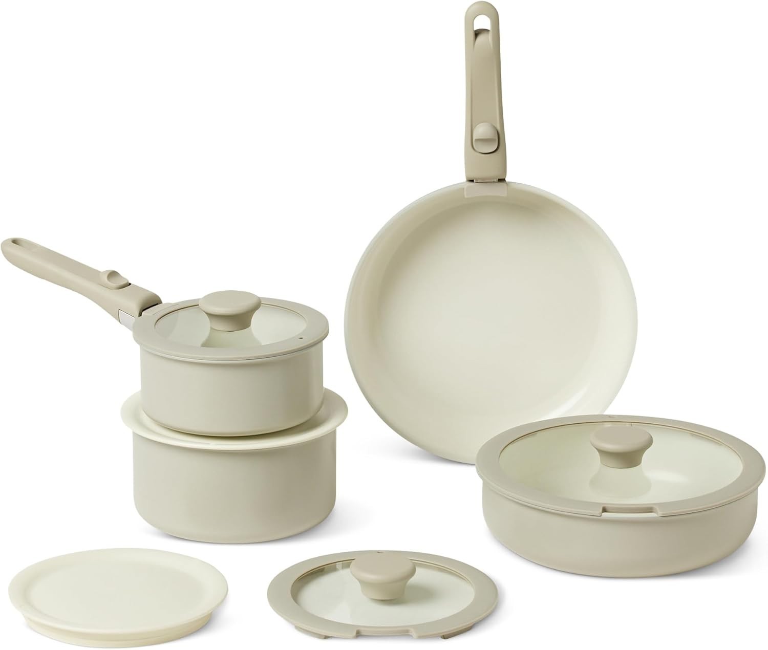 Amazon Basics Ceramic Nonstick Pots and Pans Set, 11 Piece, Linen Gray
