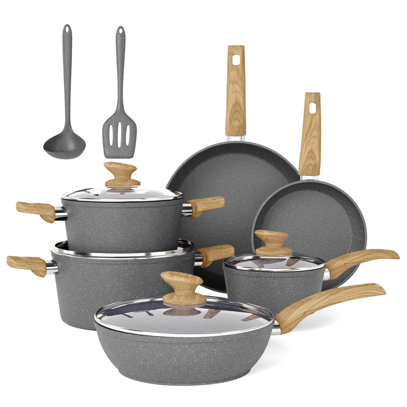 12 Pieces Pots & Pans Set Kitchen Nonstick Cookware Set Granite Coated with Lids