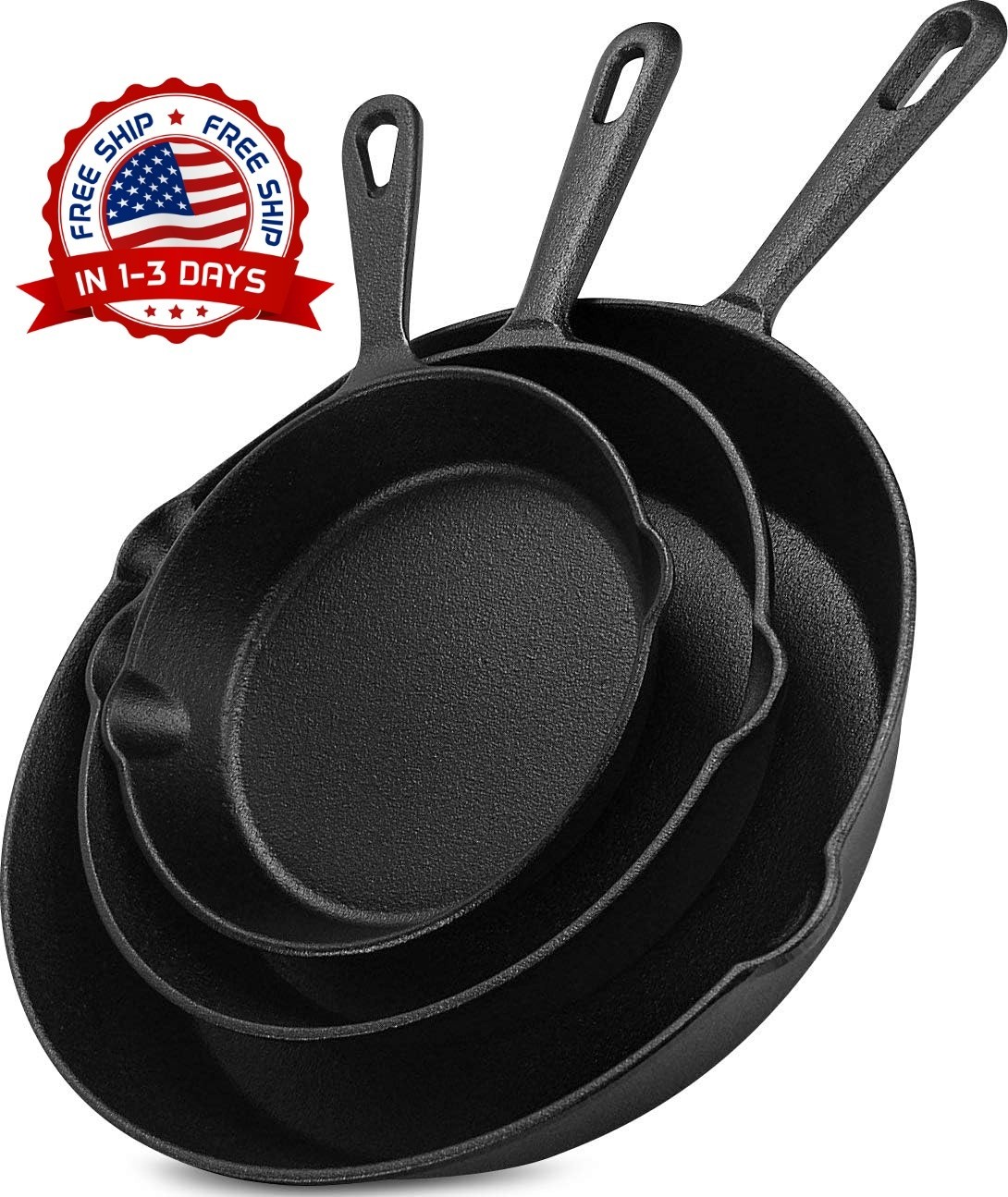 Juego de 3 sartenes de hierro fundido (6″, 8″ y 10″) Fácil de usar en el horno