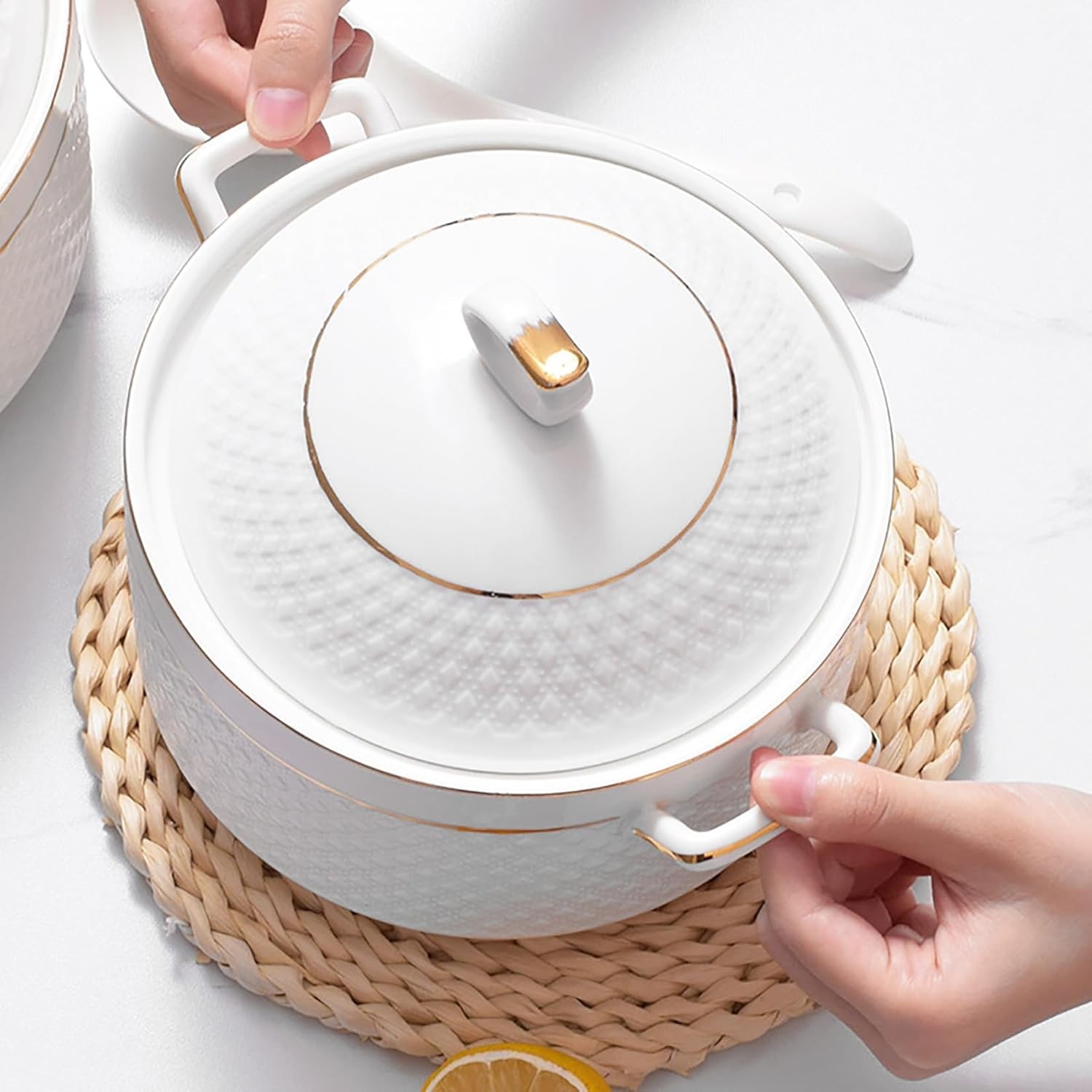 White Soup Tureen with Gold Design,Double Handle Soup Serving Bowl with Lid and