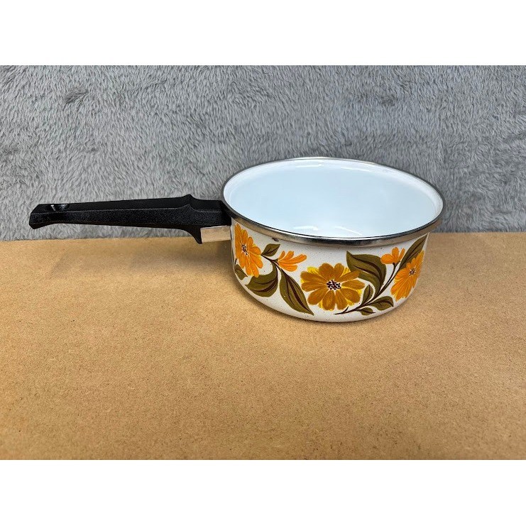 Vintage JMP Capri Spain Enamel Saucepan Yellow Orange Floral Retro 70s MCM Pot
