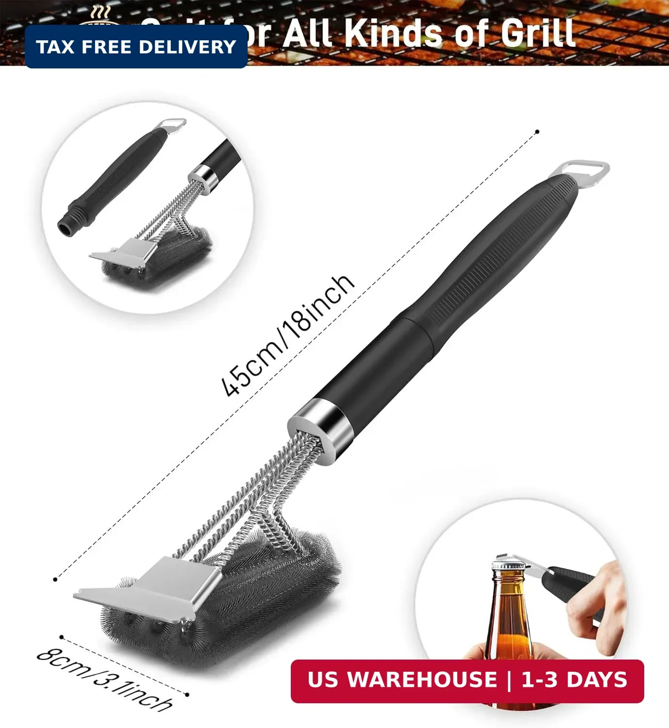 Grill Brush and Scraper-18 Adjustable Handle Safe BBQ Grill Brush for Outdoor Gr