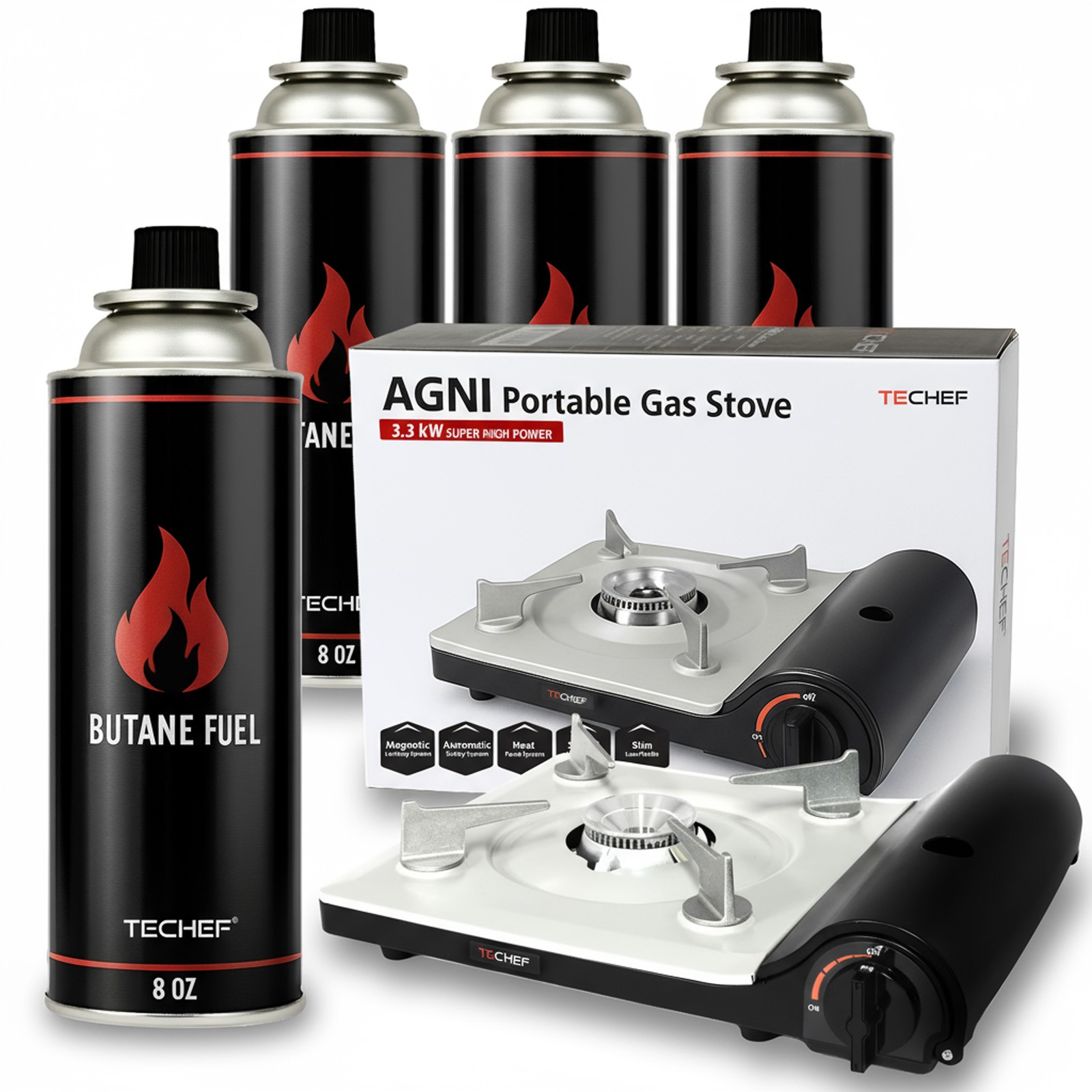 TeChef – Agni Portable Gas Stove Burner with 4 Butane Fuel Canisters