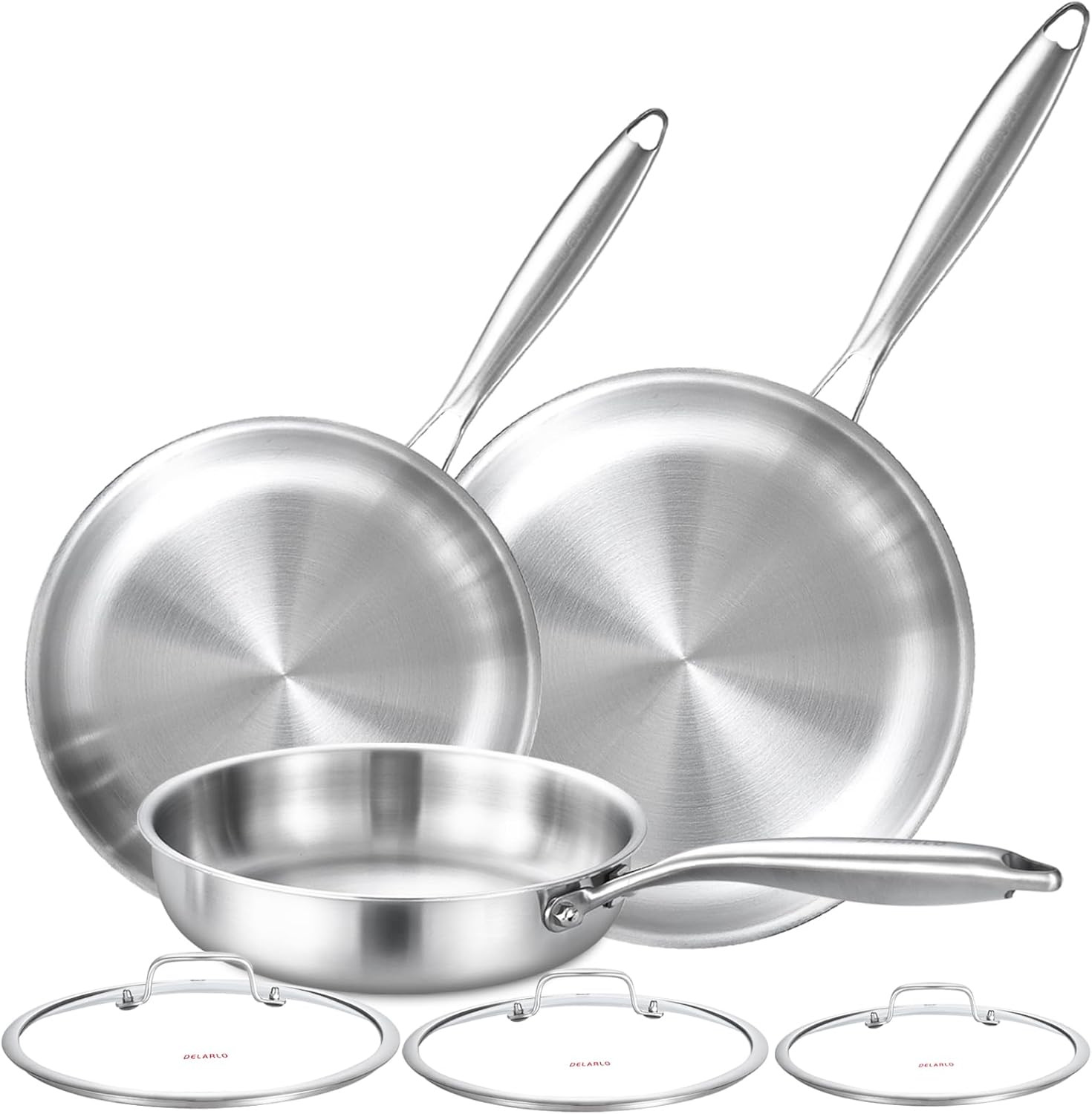 Tri-Ply Stainless Steel Frying Pan Set 8″, 10″, 12″ with Lid for All Stoves
