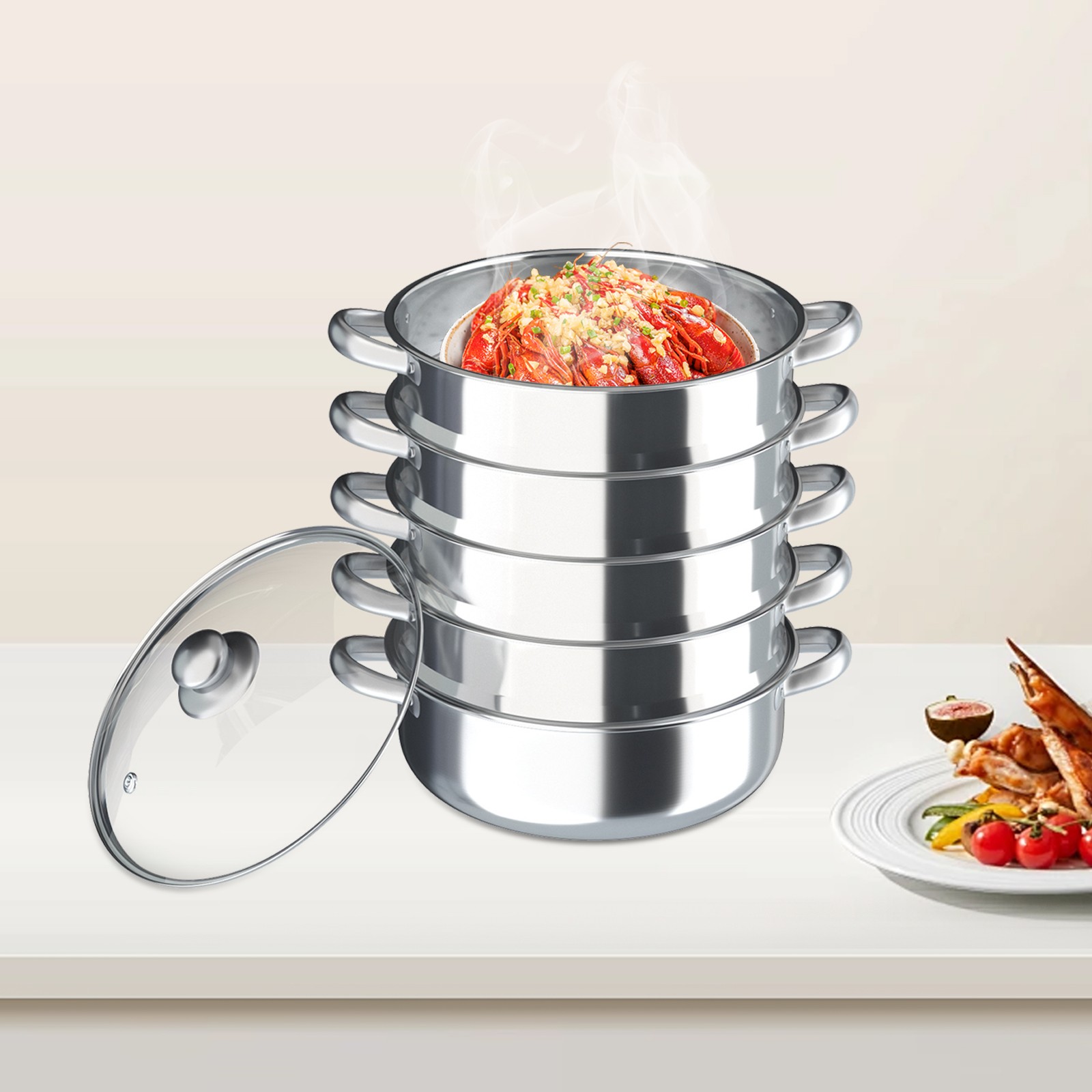 5tier Steamer Cookware Pot Stainless Steel Pot Stainless Steel Food Steamer &Lid
