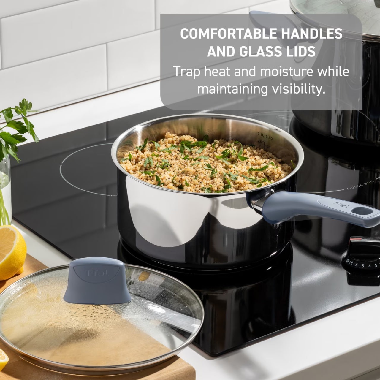 T-fal Daily Cook Stainless Steel, 12 Piece Pots and Pans Cookware Set,Ocean Blue