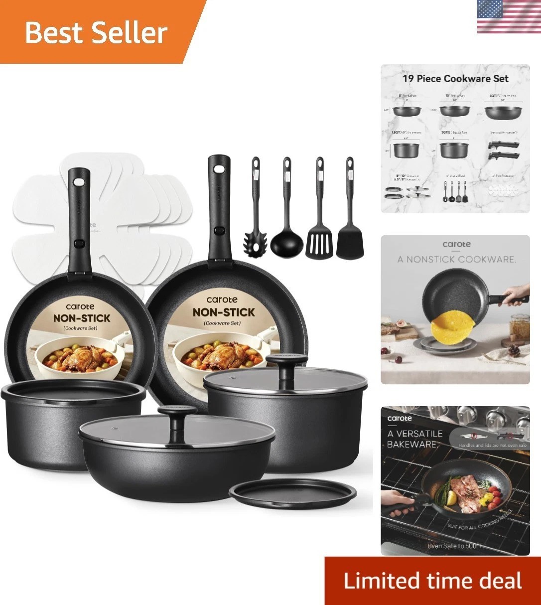 19-Piece Non-Stick Cookware Set with Detachable Handle – Ideal for All Cooking