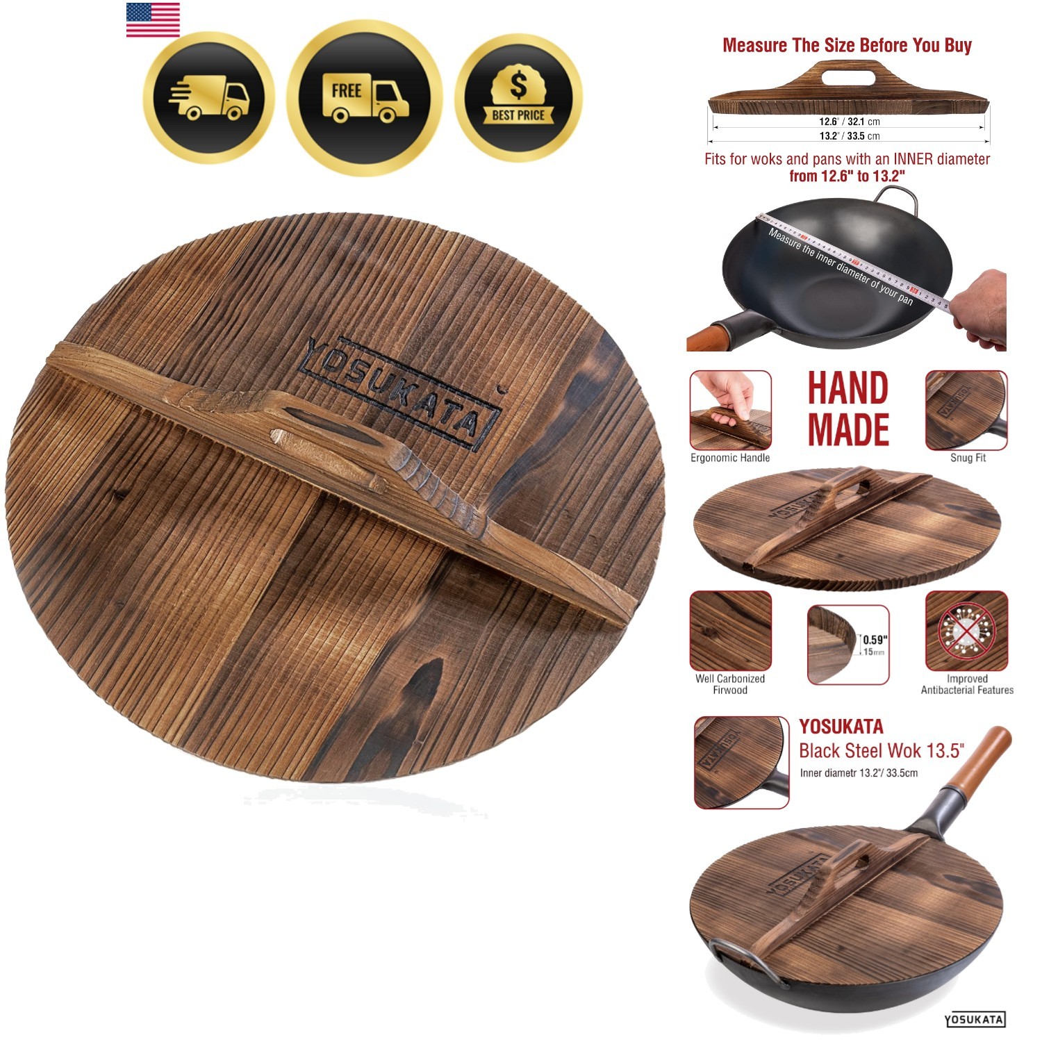 Cast Iron Wok Cover – Wok Cover 13.2″ for Wok 13.5″- Wooden Pan Lid with Erg…